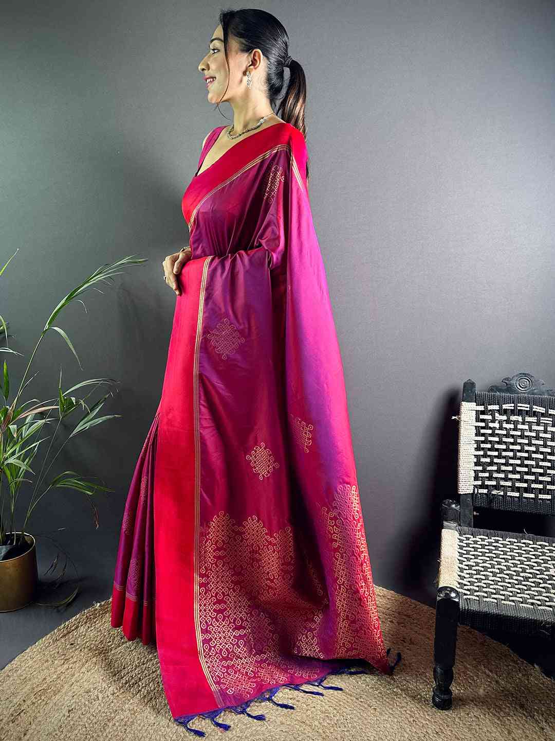 Red Kolam Silk Heritage Saree by My Store