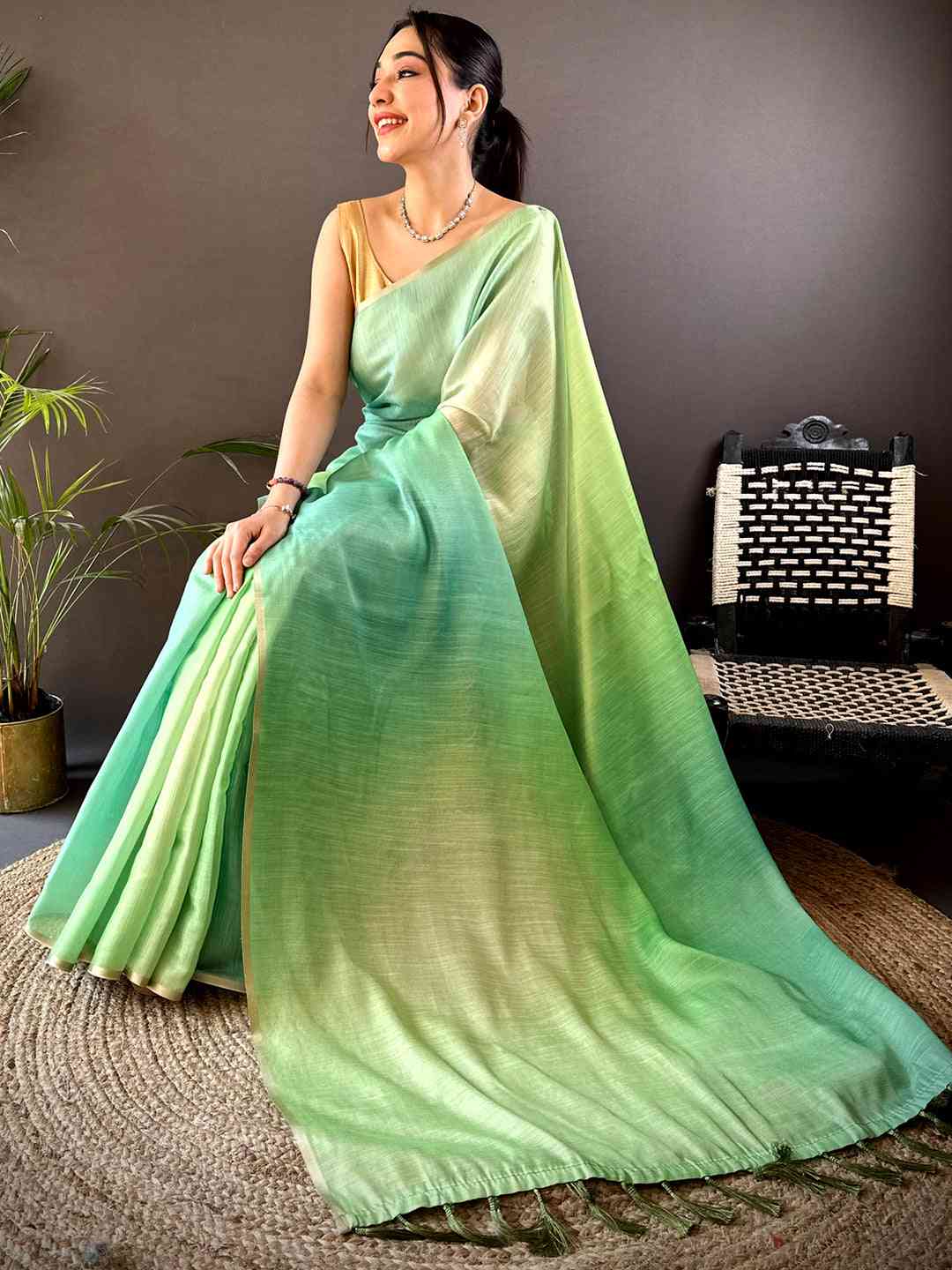 Green Ombre Chanderi Tissue Saree by My Store