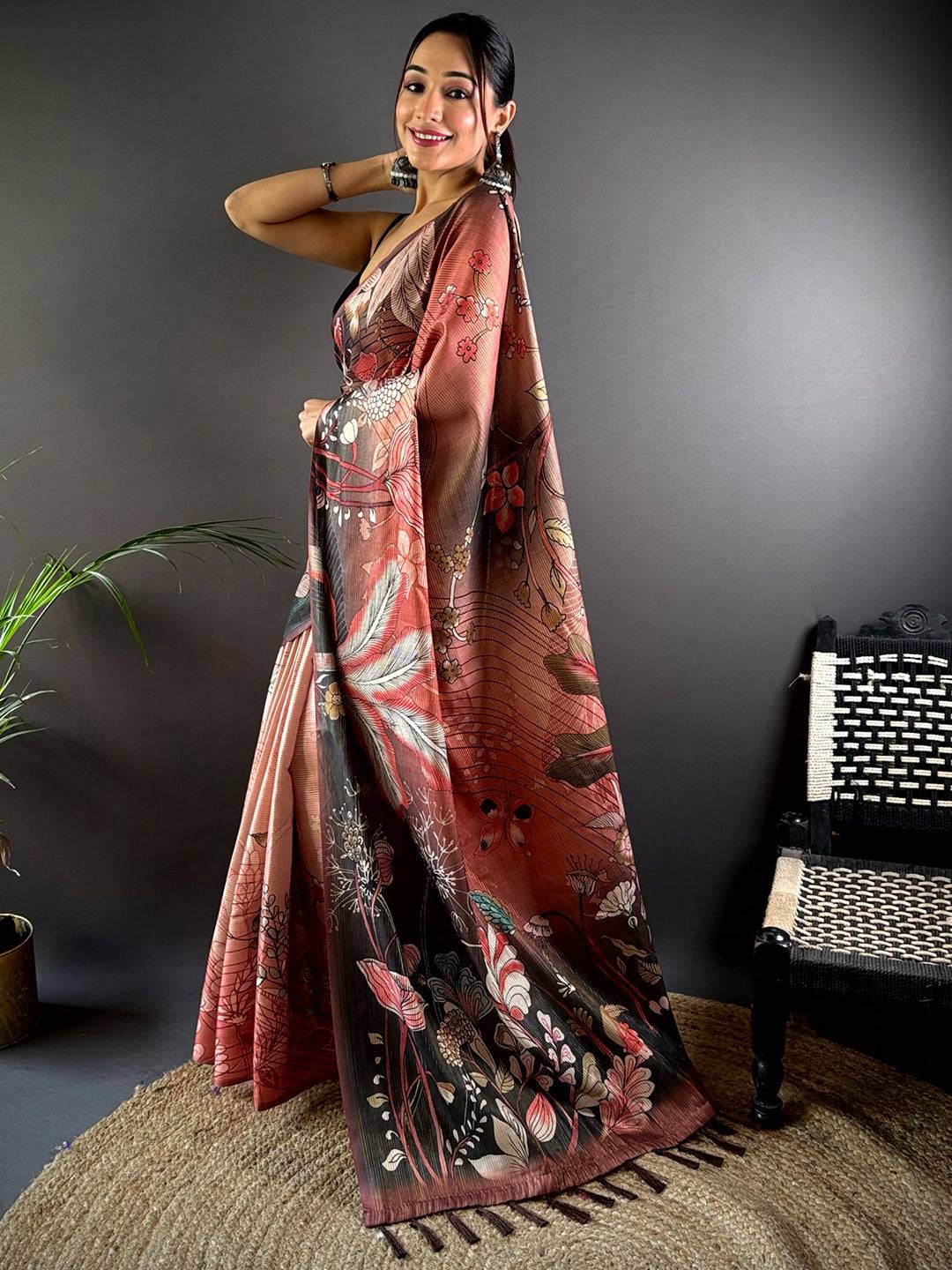 Rust Semi Gold Zari Botanical Tussar Saree by My Store