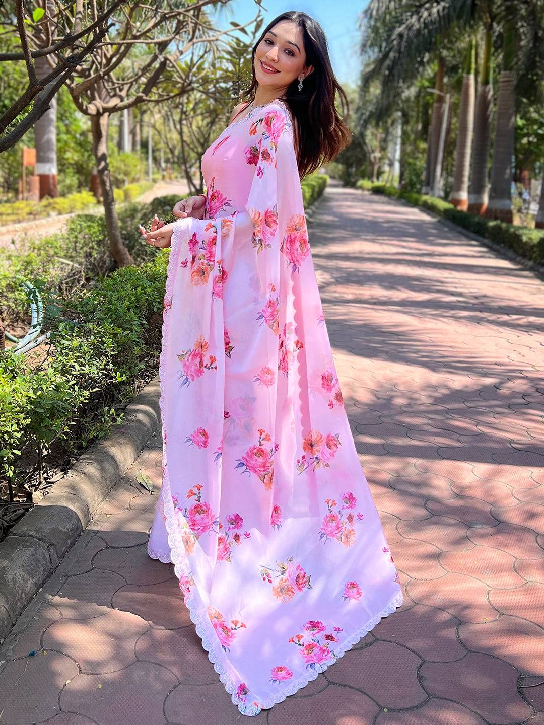 Pink Pure Satin Georgette with Zircon Swarovski Border Saree by My Store