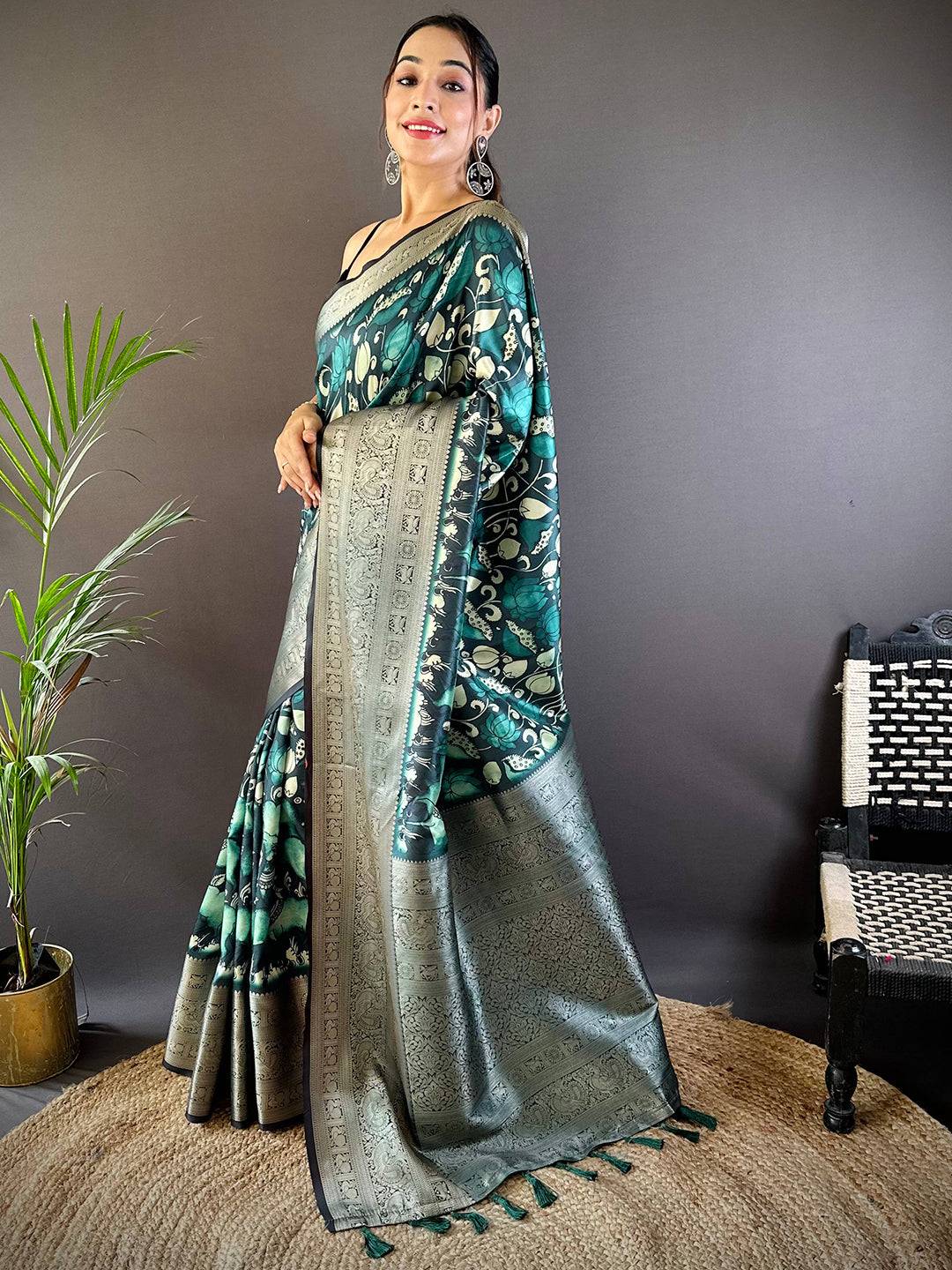 Ocean Teal Soft Silk Kalamkari Saree by My Store