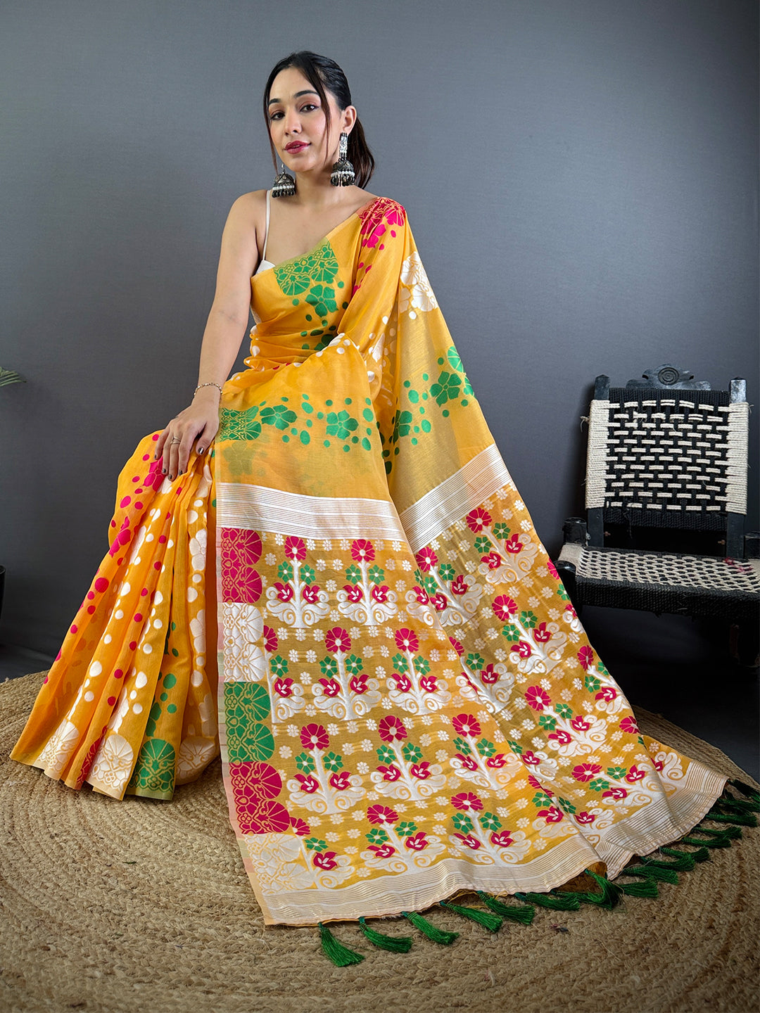 Graceful Yellow Dhakai Jamdani Cotton Silk Saree by My Store