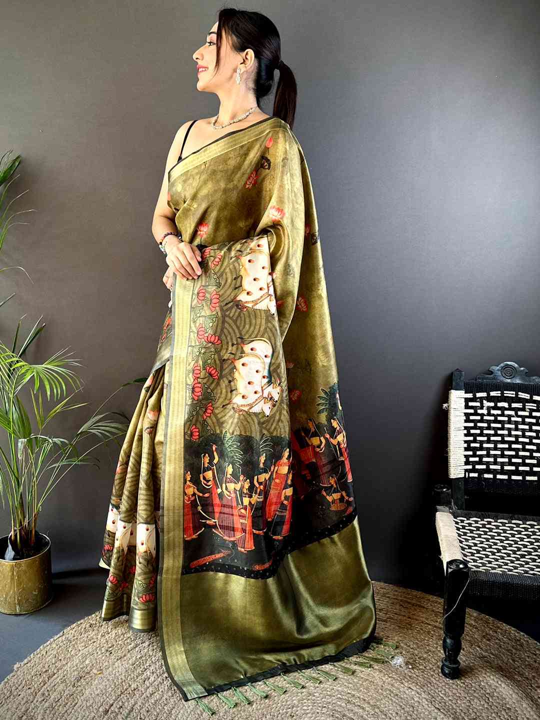 Olive Soft Silk Tissue Pichwai Print Saree by My Store