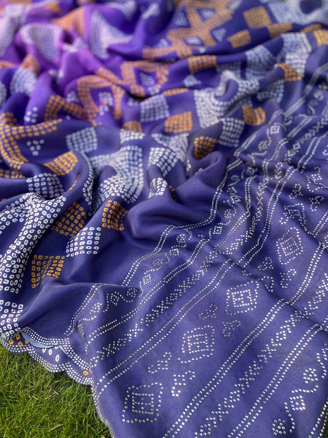 Indigo Georgette Silk Saree with Ombre Bandhej Print & Swaroski Stone Work by My Store