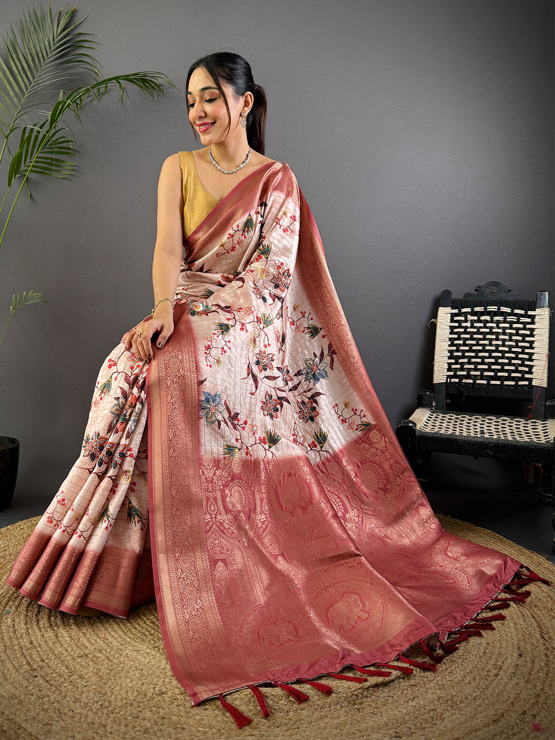 Pink Freehand Design Gadwal Saree by My Store