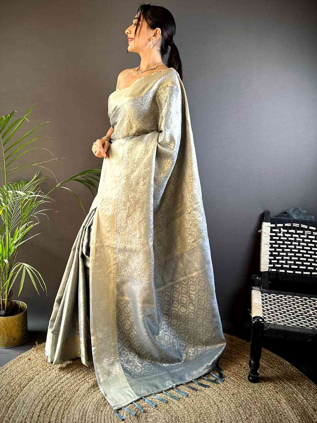 Grey Soft Kanjivaram Silk Saree by My Store