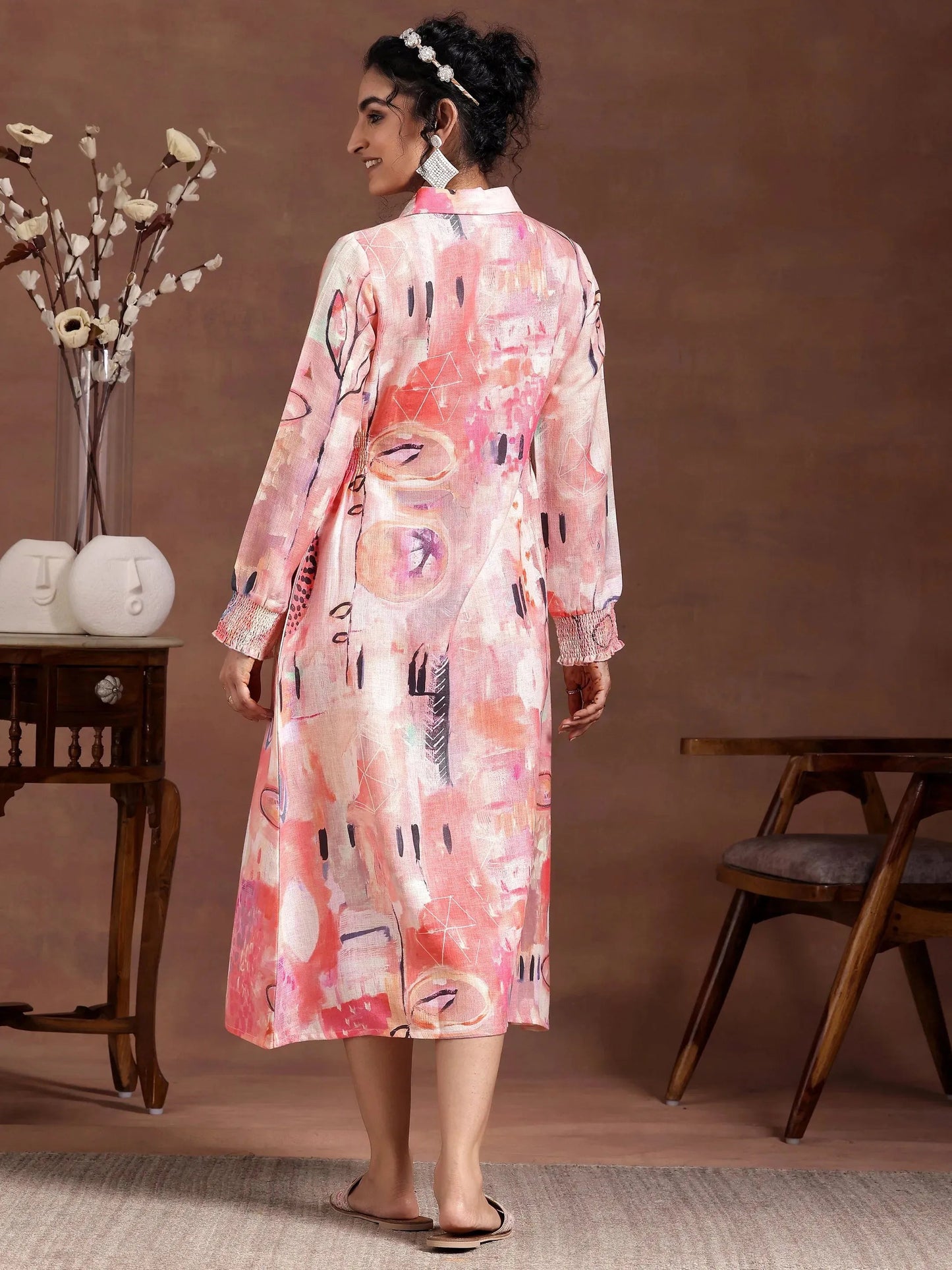 Peach Printed Cotton Blend A-Line Dress by My Store
