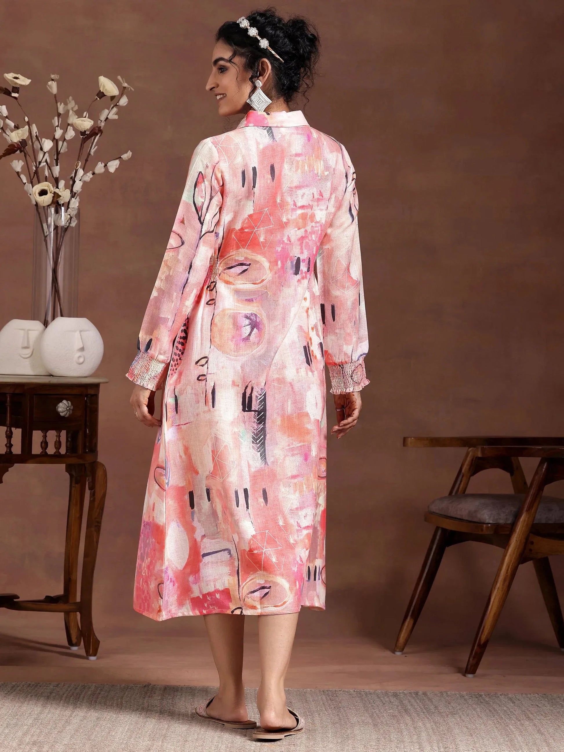 Peach Printed Cotton Blend A-Line Dress by My Store