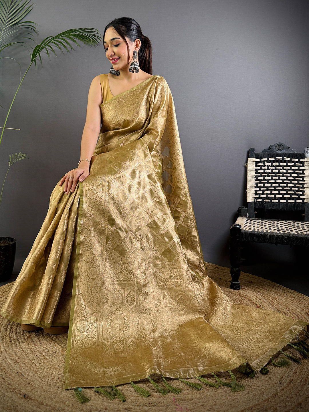 Olive Tissue Jarokha Zari Weaving Saree by My Store