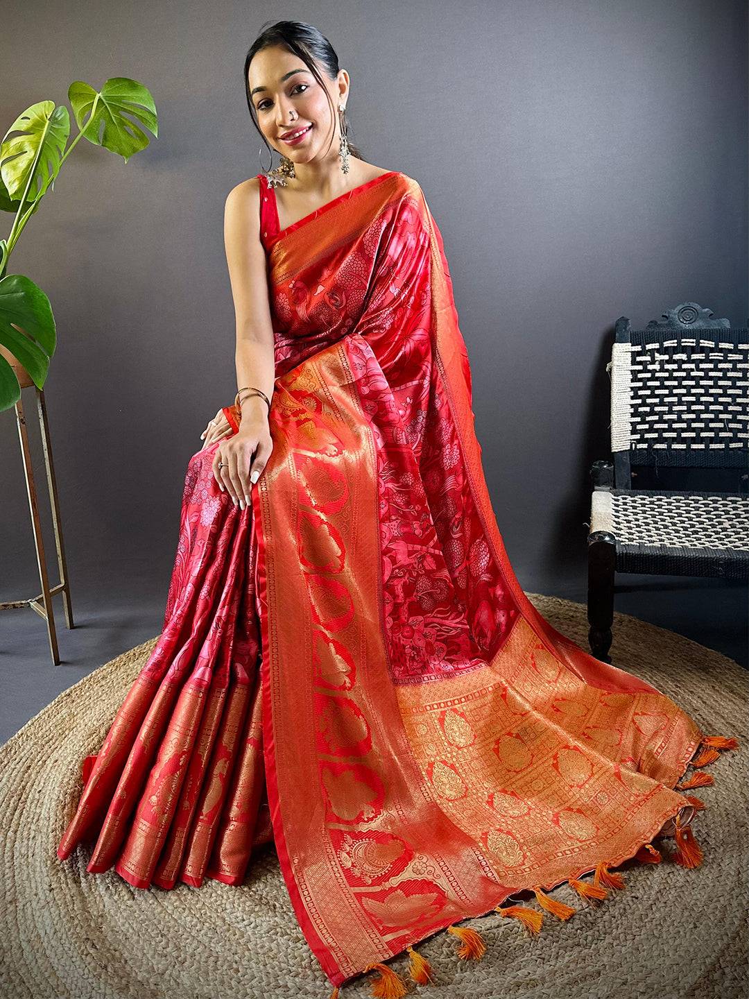 Red Charry Satin Floral Saree by My Store