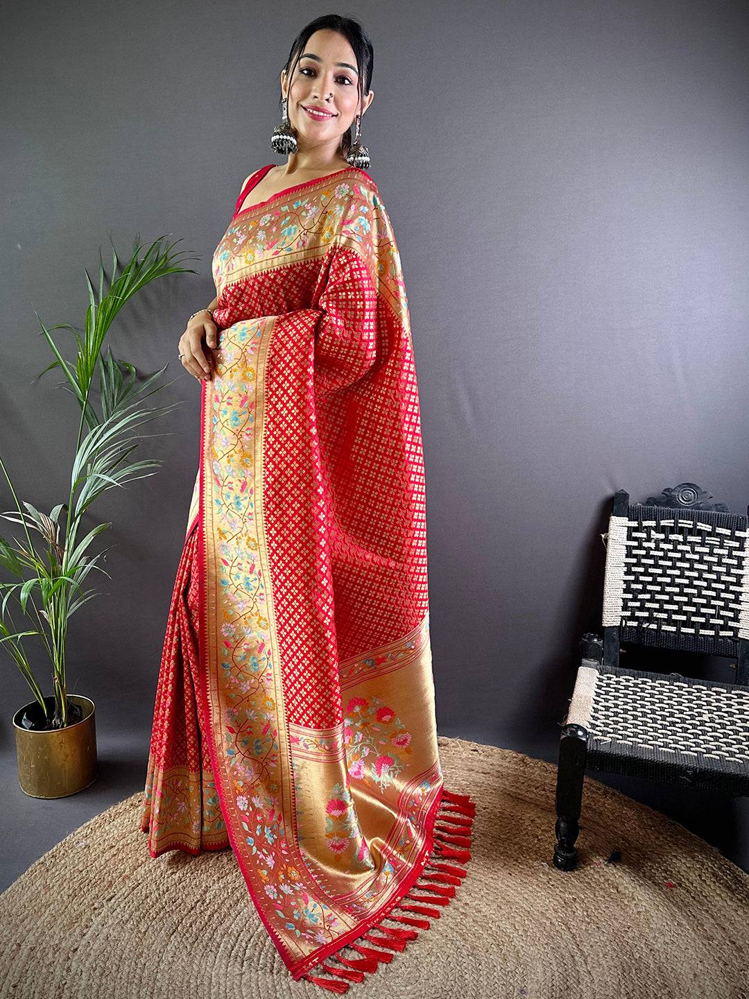 Red Banarasi Mina Kari Katan Silk Saree by My Store