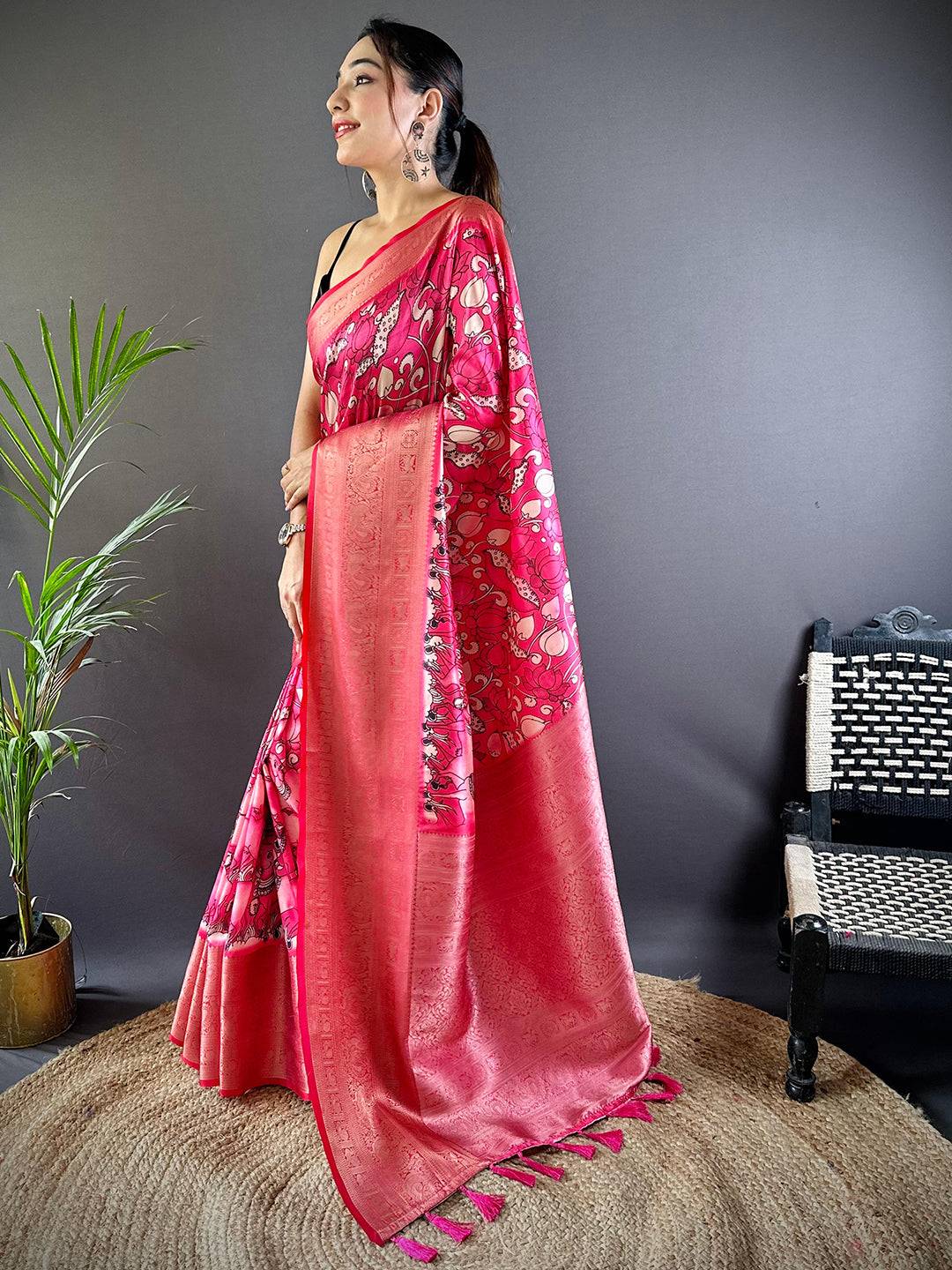 Pink Serenity Soft Silk Kalamkari Saree by My Store