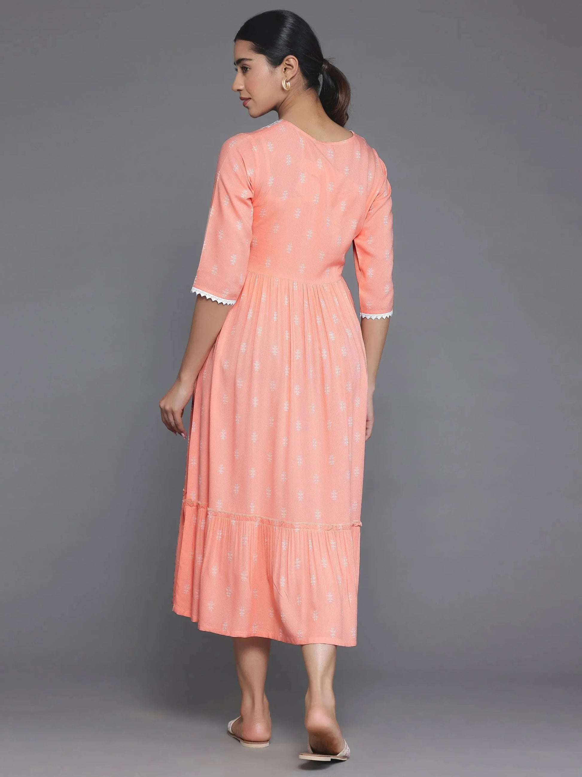 Peach Self Design Viscose Rayon A-Line Dress by My Store