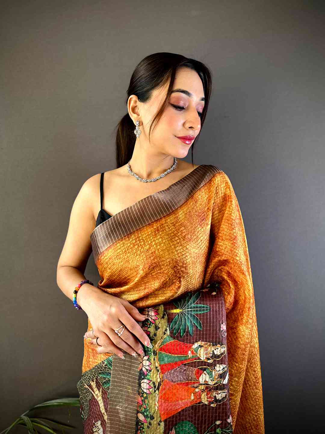 Mustard Kalamkari Pichwai Black Check Saree by My Store