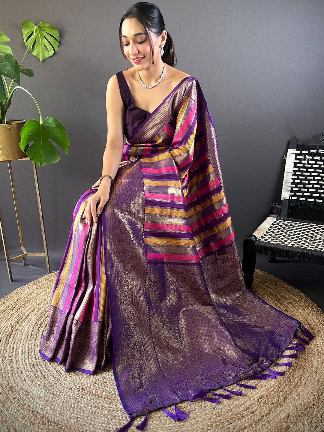 Radiant Stripes Banarasi Silk Saree by My Store