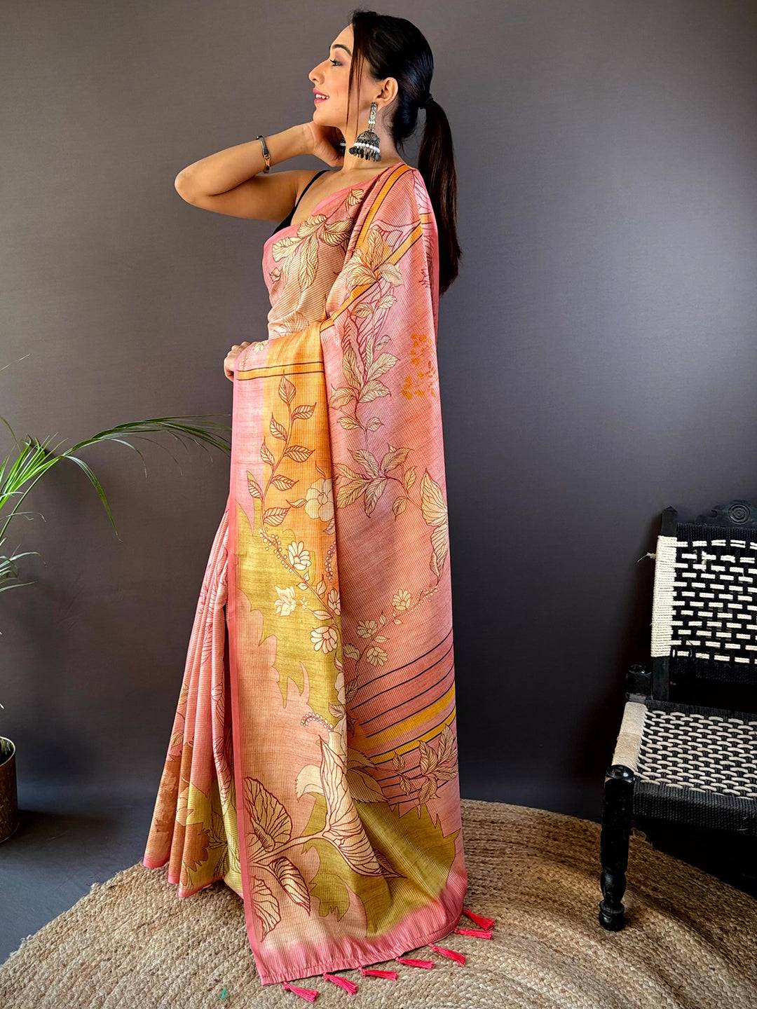 Pink Abstract Floral Zari Tussar Saree by My Store