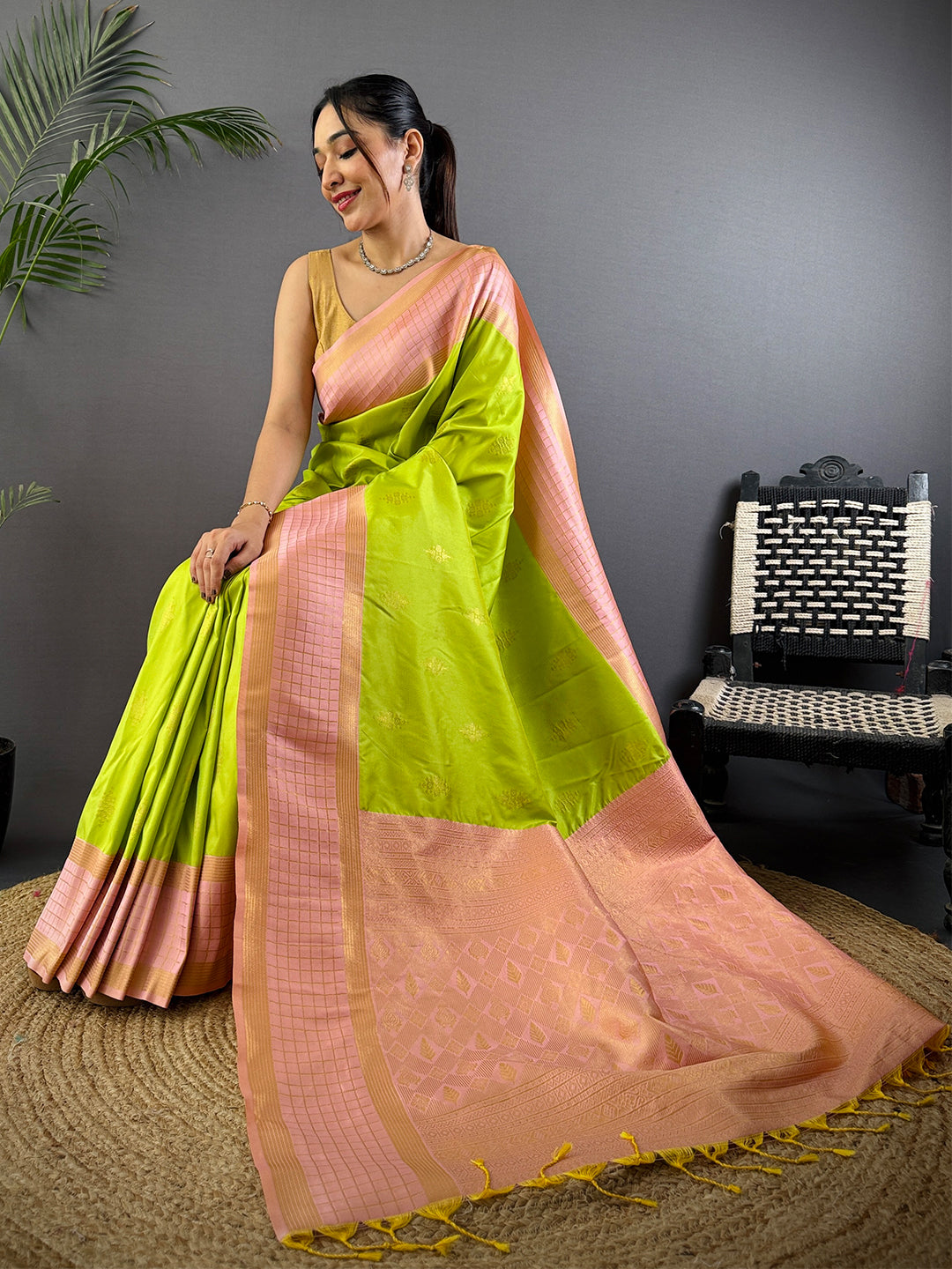 Green Kolam Zari Butta Soft Silk Saree by My Store