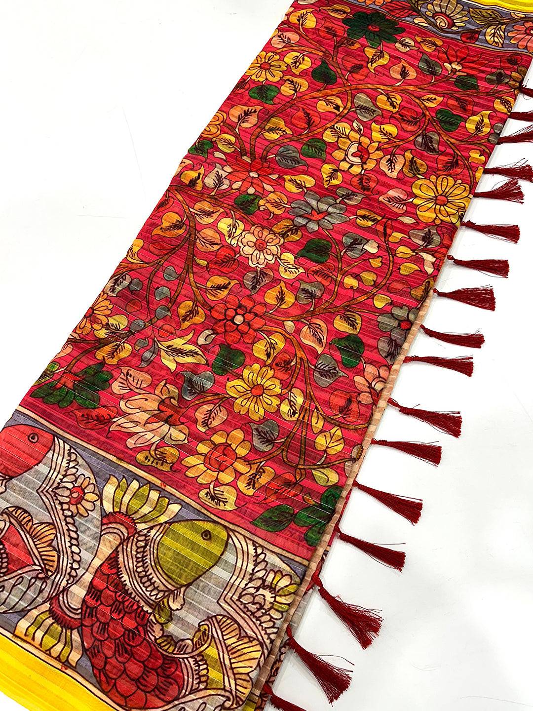 Rose Red Pen Kalamkari Linen Saree by My Store