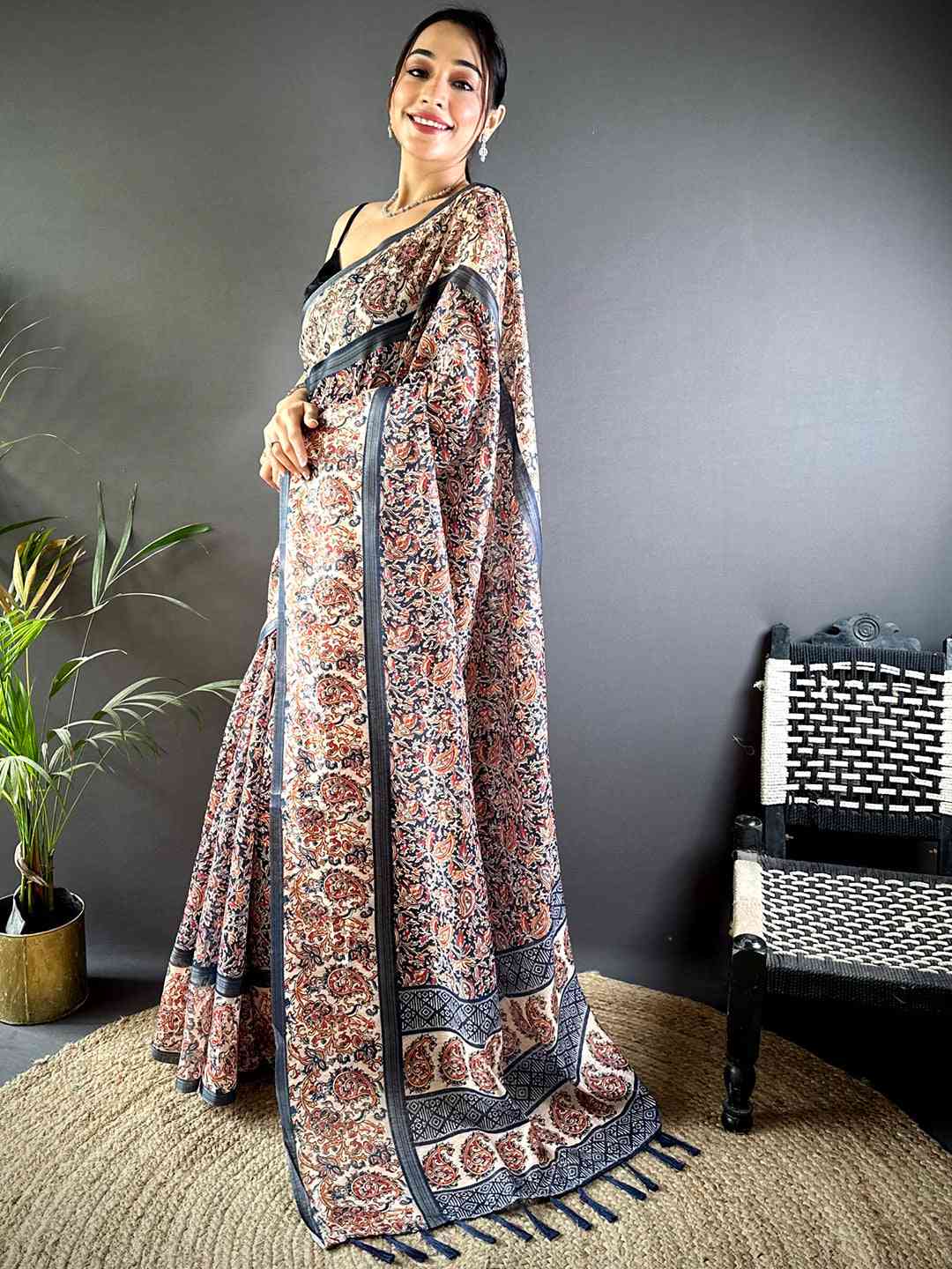 Navy Chanderi Phulkari Floral Digital Print Saree by My Store