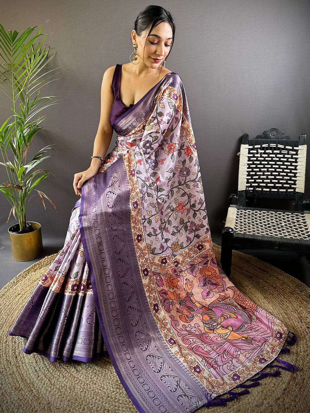 Lilac Floral Kalamkari Print Saree by My Store