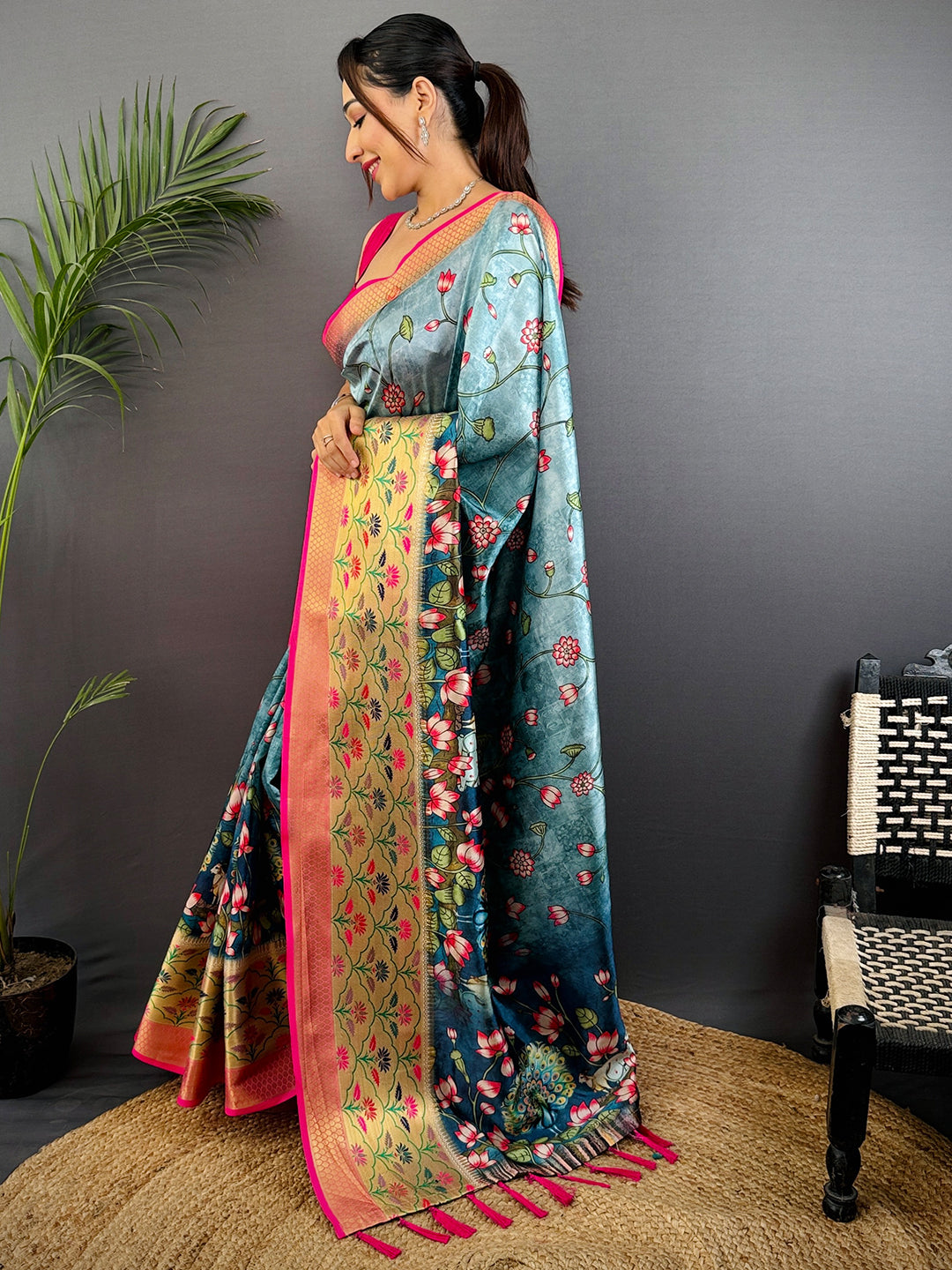 Teal Freehand Digital Print Soft Silk Saree by My Store