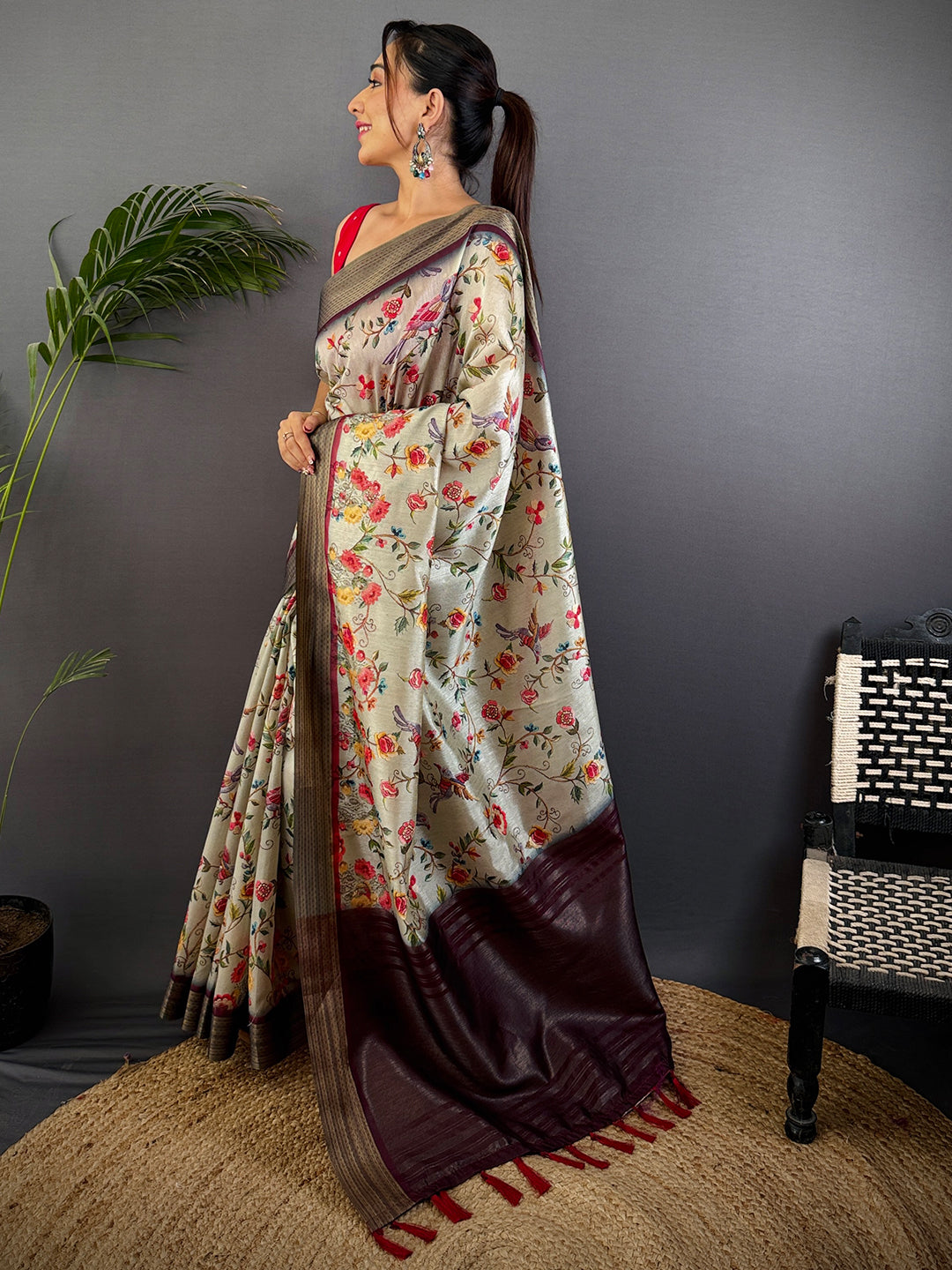 Grey Tussar Silk Digital Print Saree by My Store