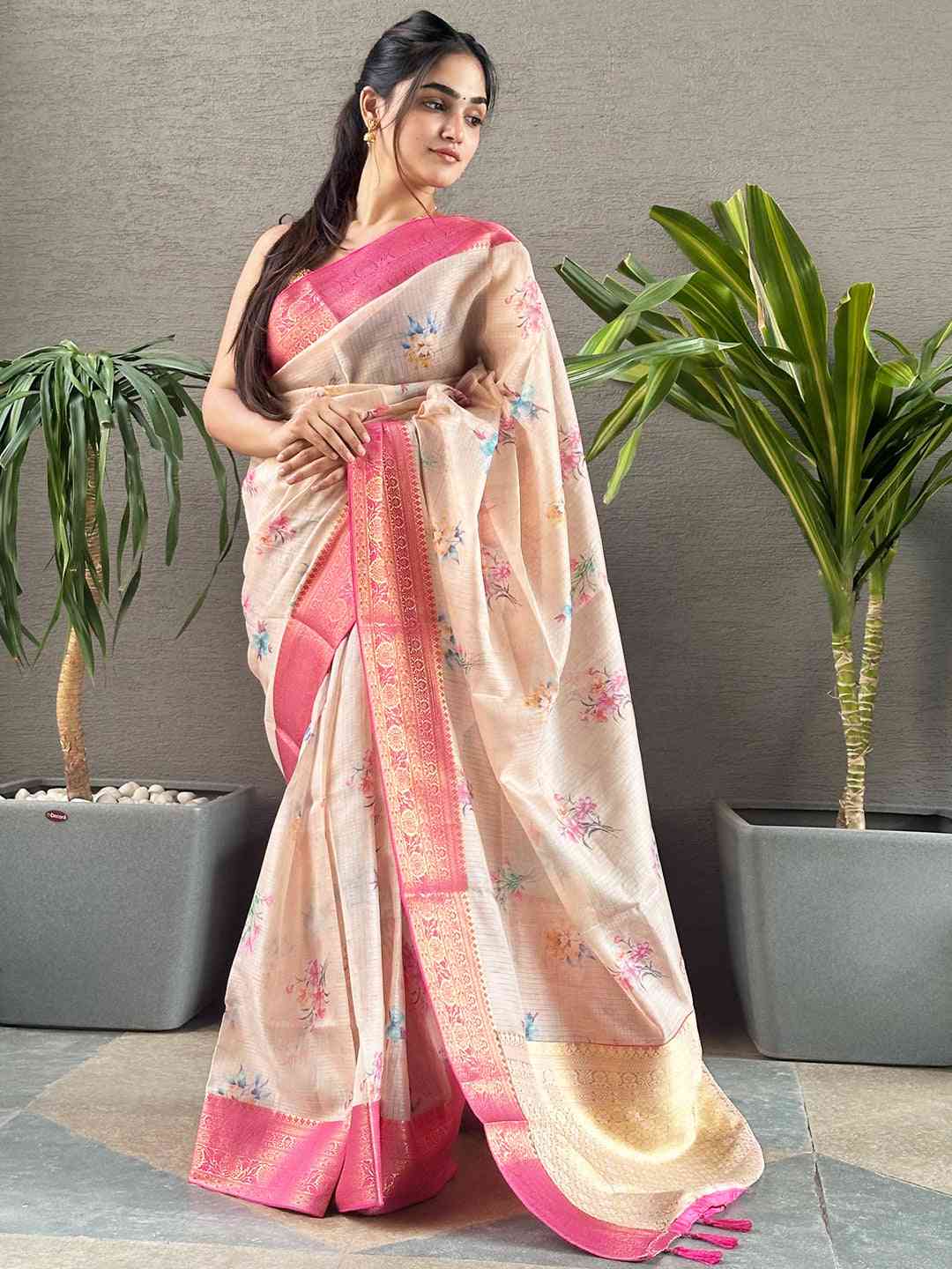 Peach Colour Digital Flower Print Kota Silk Saree by My Store