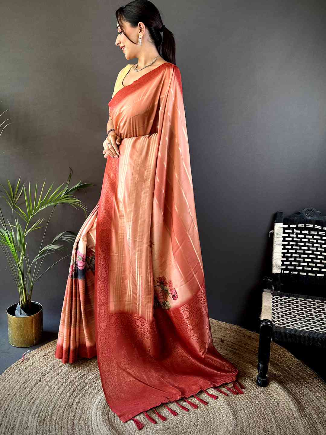Peach Kalamkari Ombre Crepe Silk Saree by My Store
