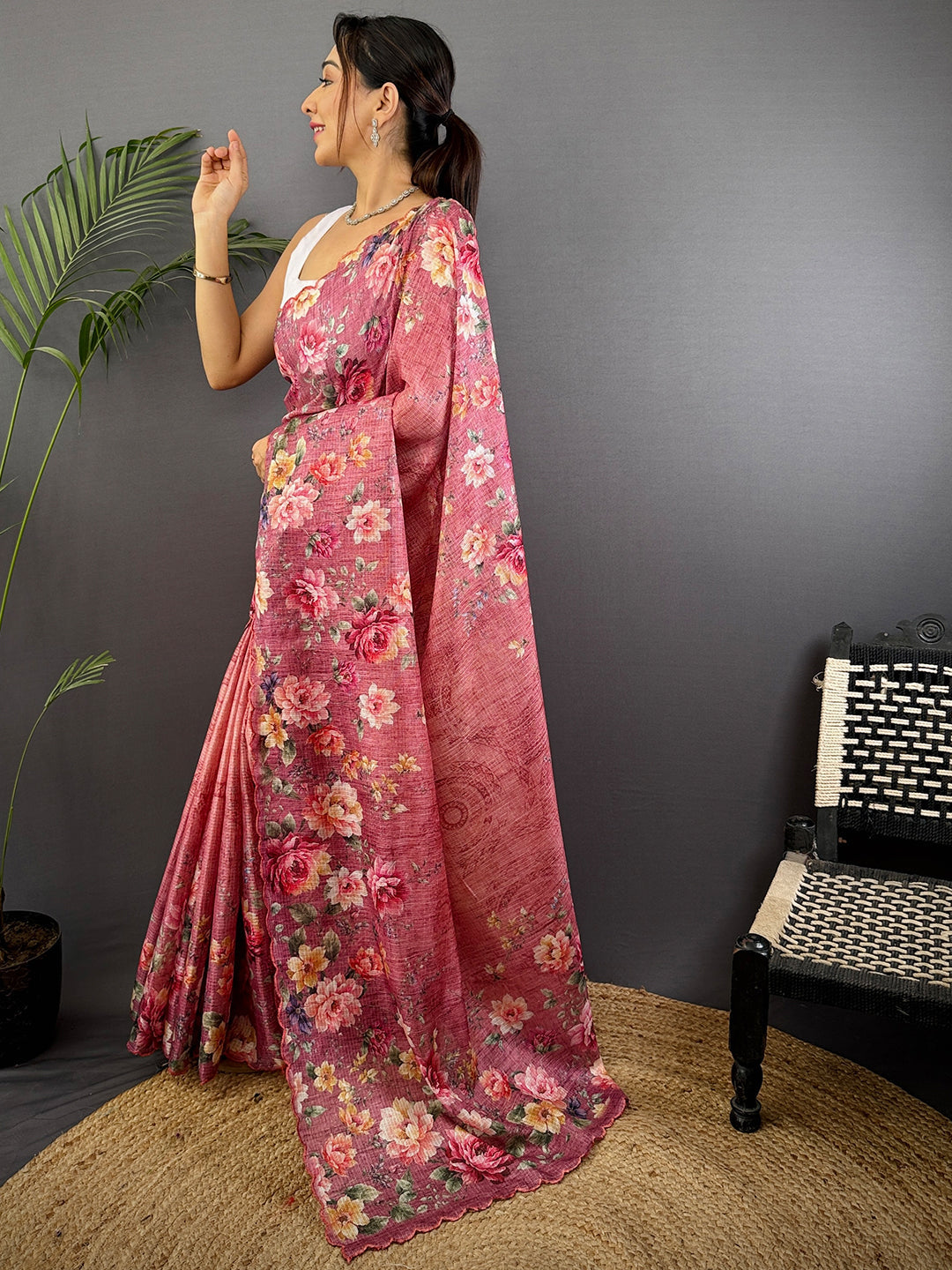 Rose Pink Kota Floral Digital Cut Work Saree by My Store