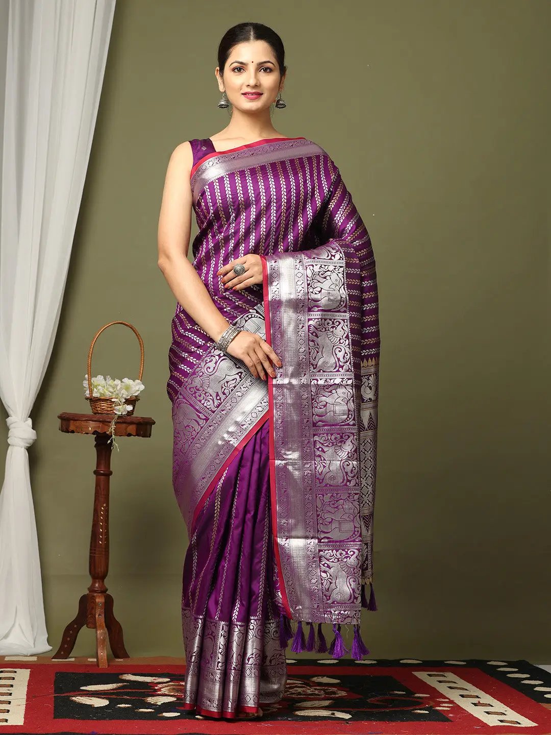 Striped Woven Design Zari Silk Blend Kanjivaram Saree by My Store