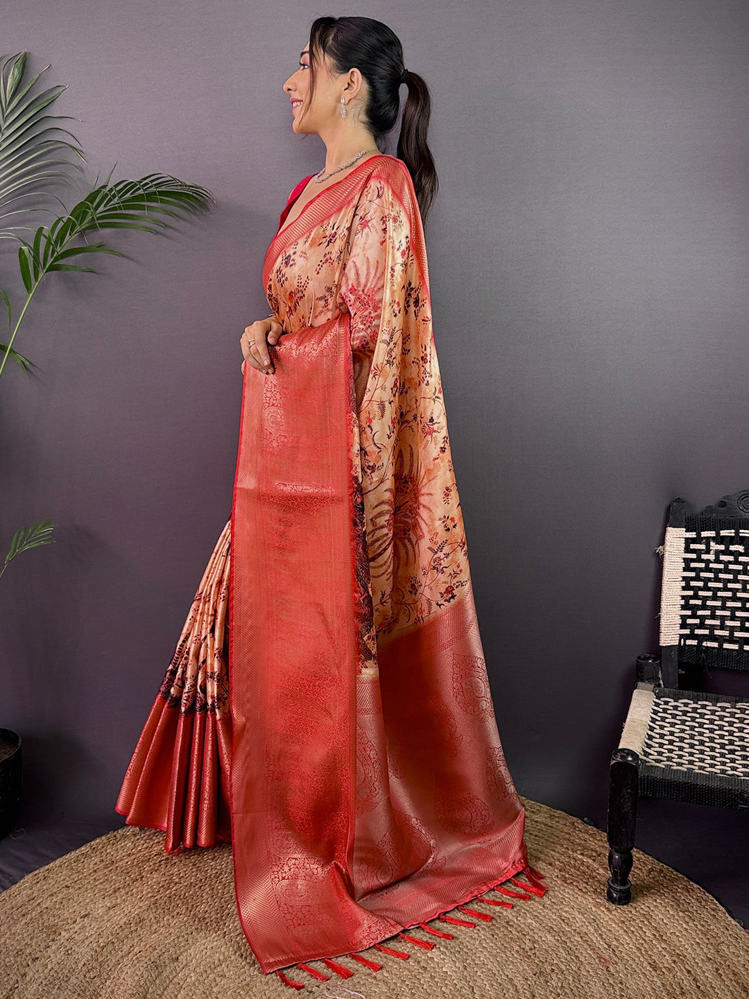 Peach Cherry Satin Kalamkari Saree by My Store