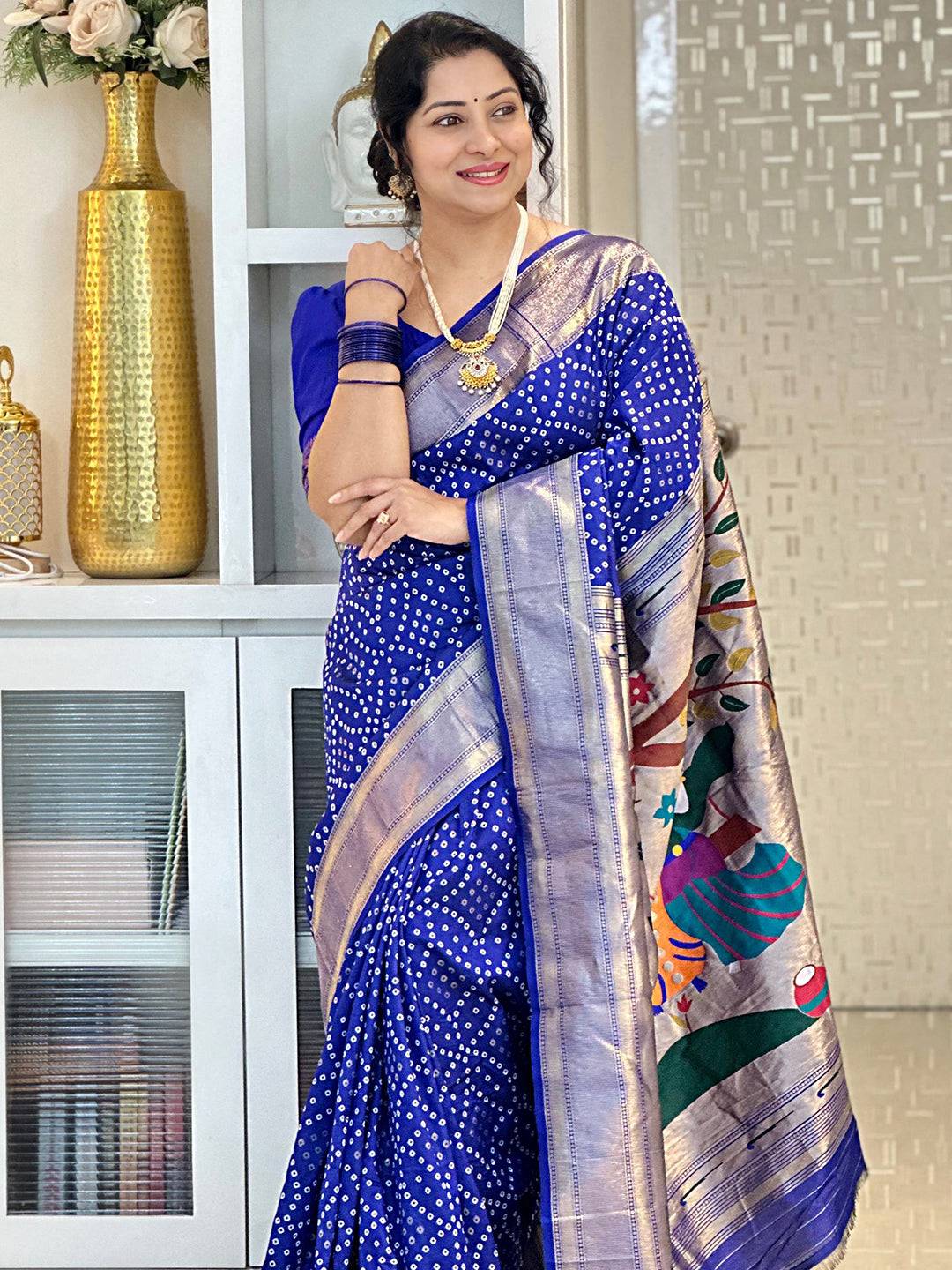 Blue Soft Silk Bandhej Weaving Saree