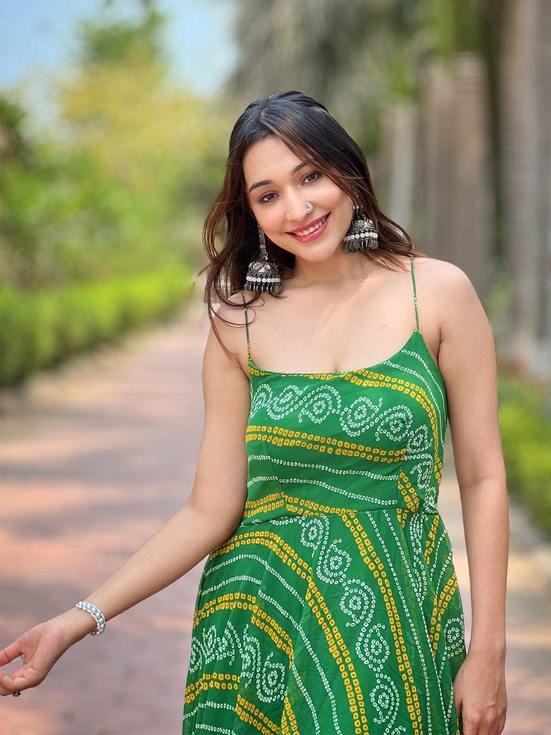 Forest Green Long Printed Dress by My Store