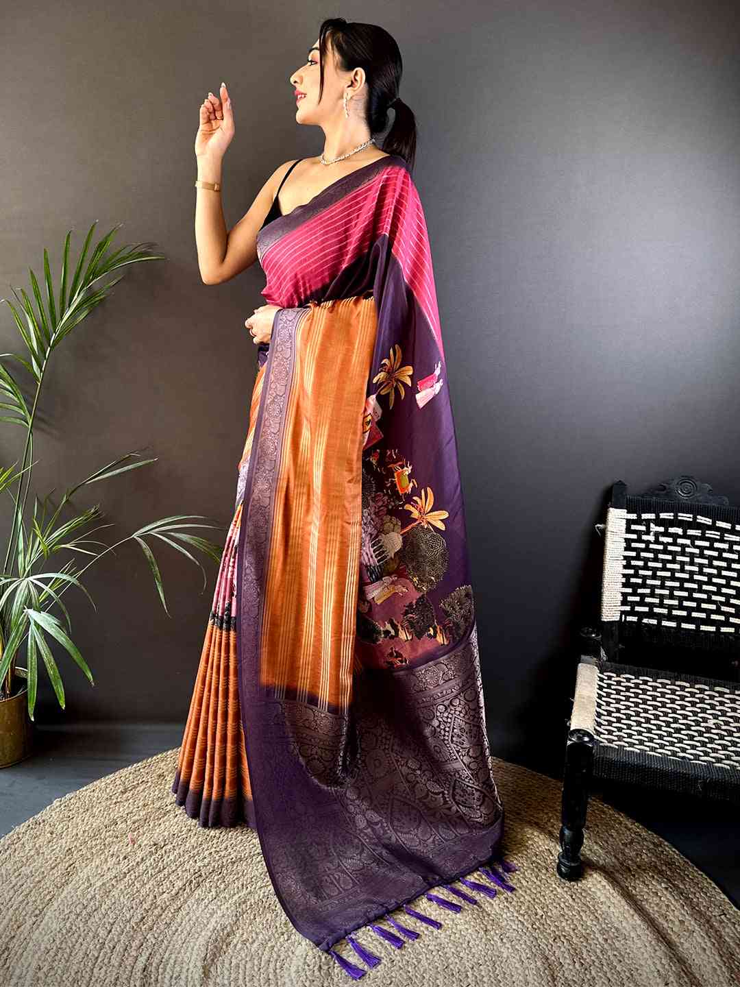 Dark Pink Soft Crepe Silk Digital Ombre Saree by My Store