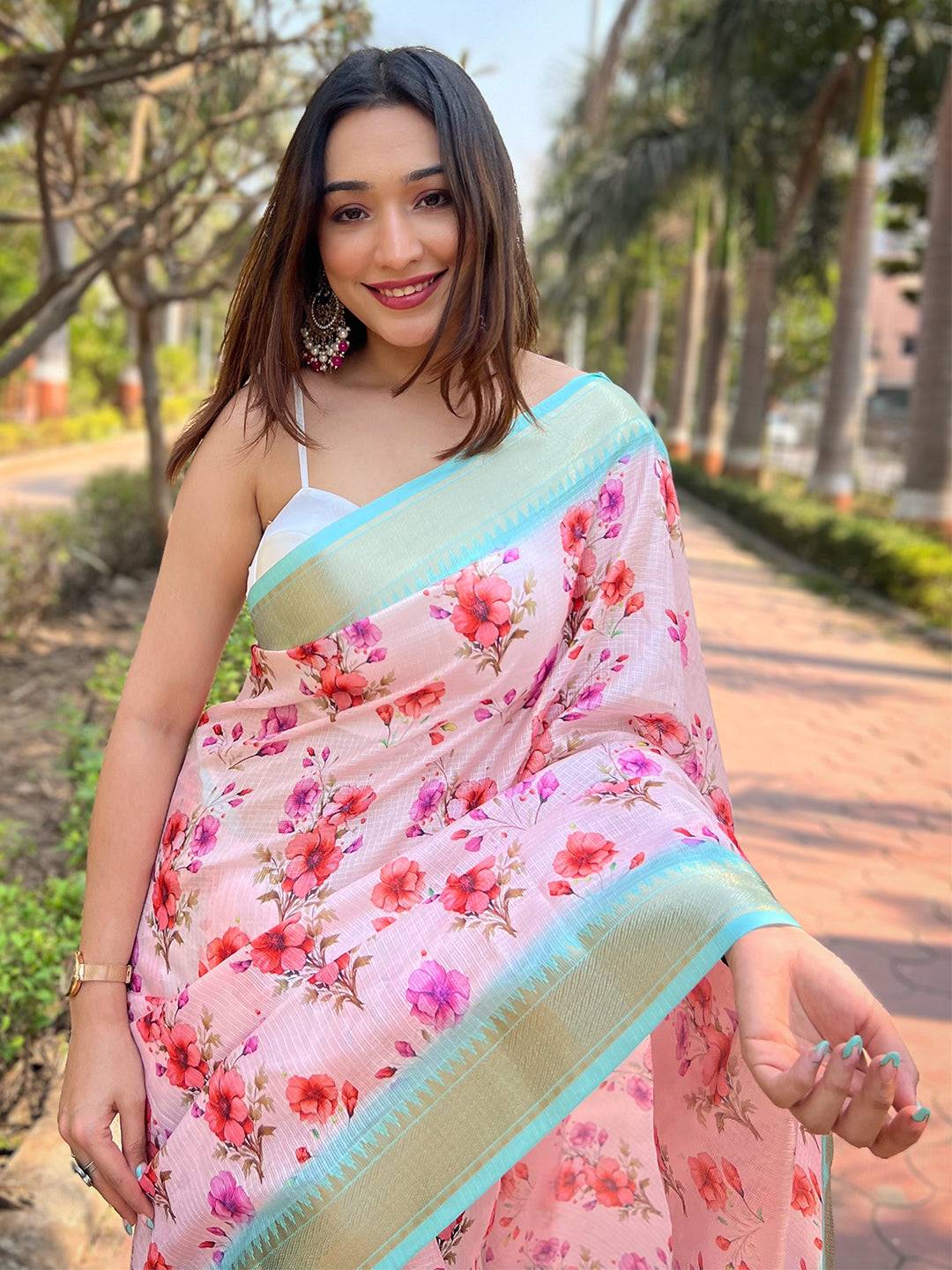 Pink Kota With Digital Floral Printed Saree by My Store
