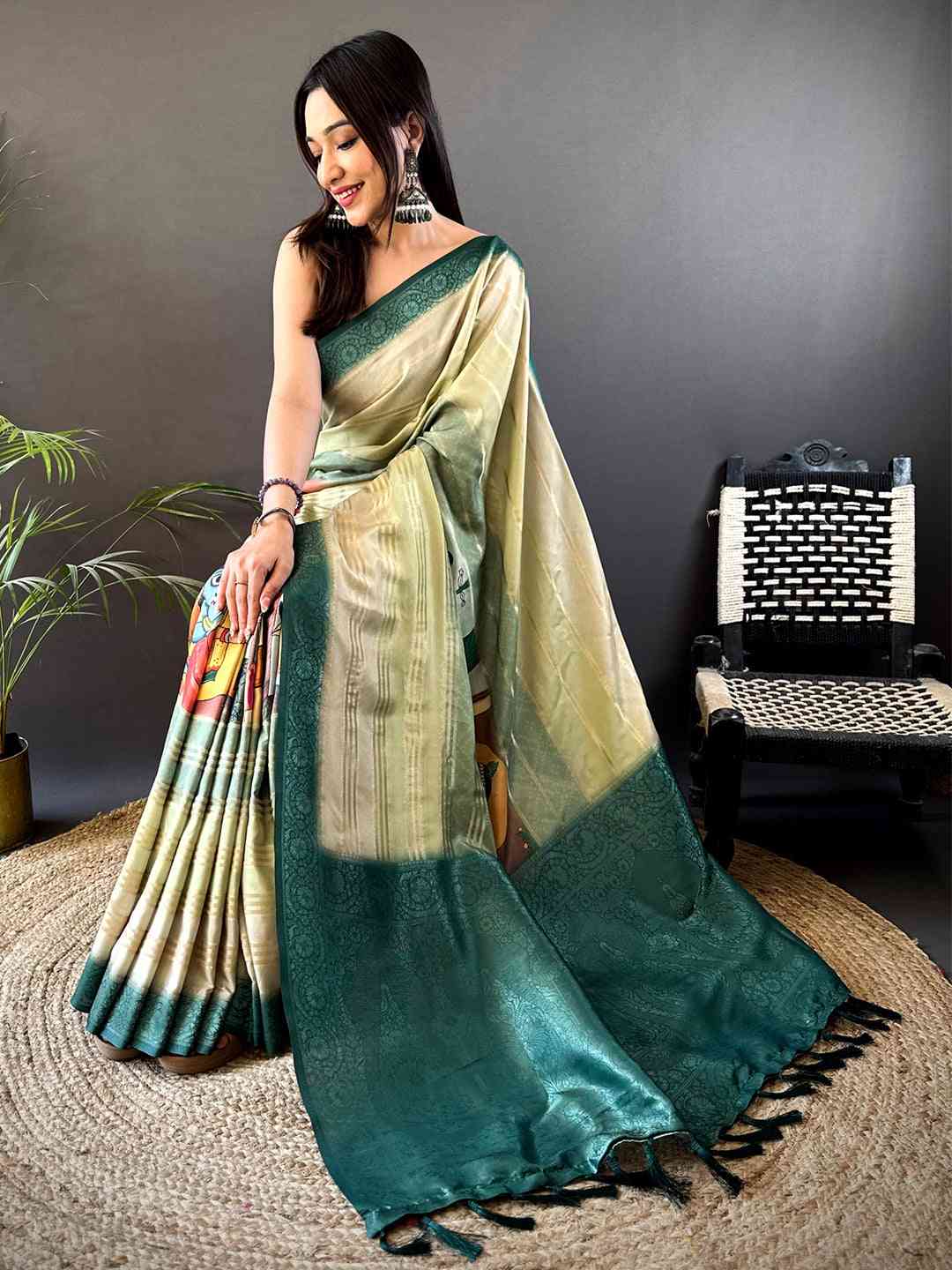 Green Crepe Silk Floral Saree by My Store