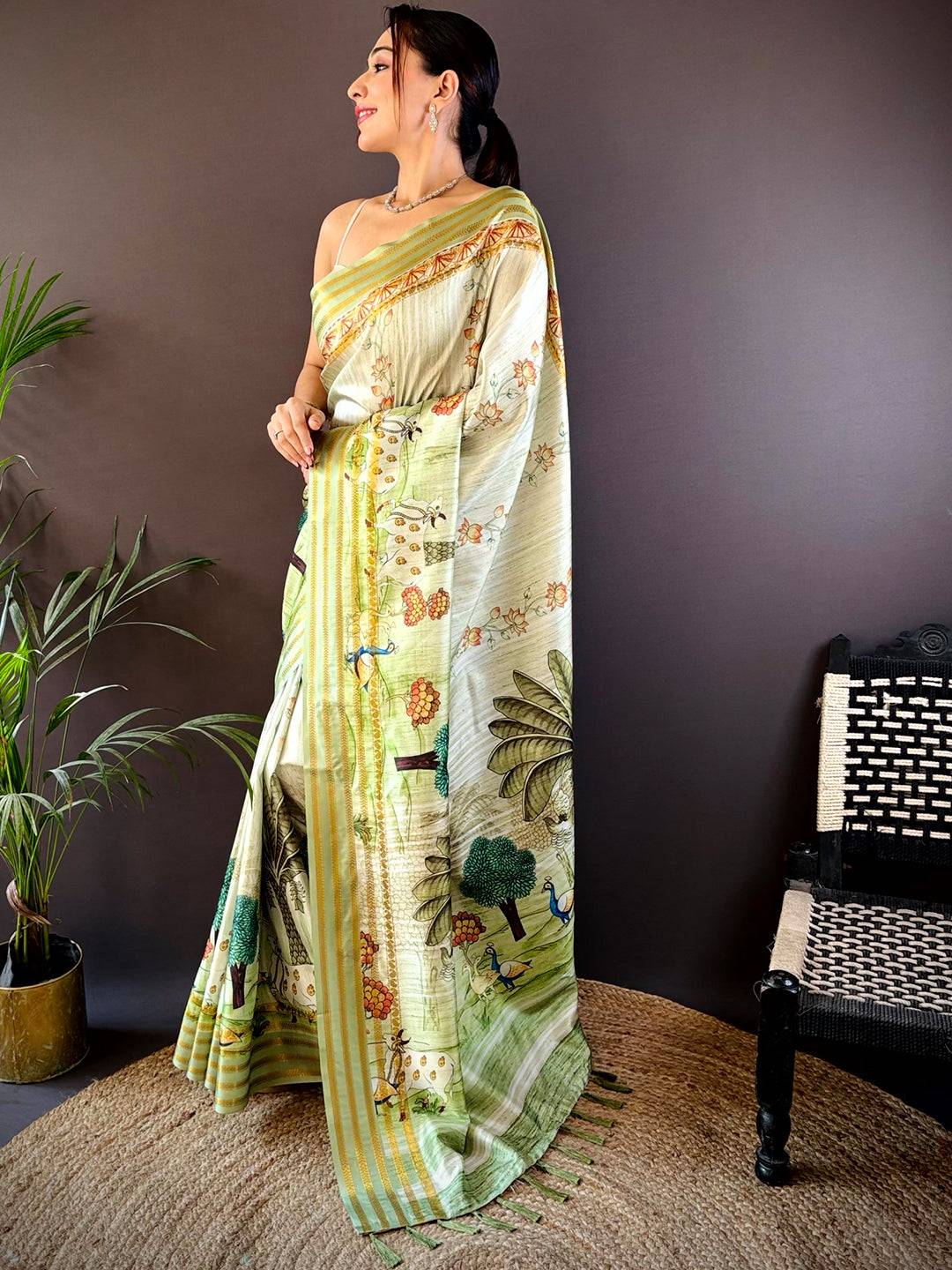 Elegant Soft Silk Pista Pichwai Prints Saree by My Store
