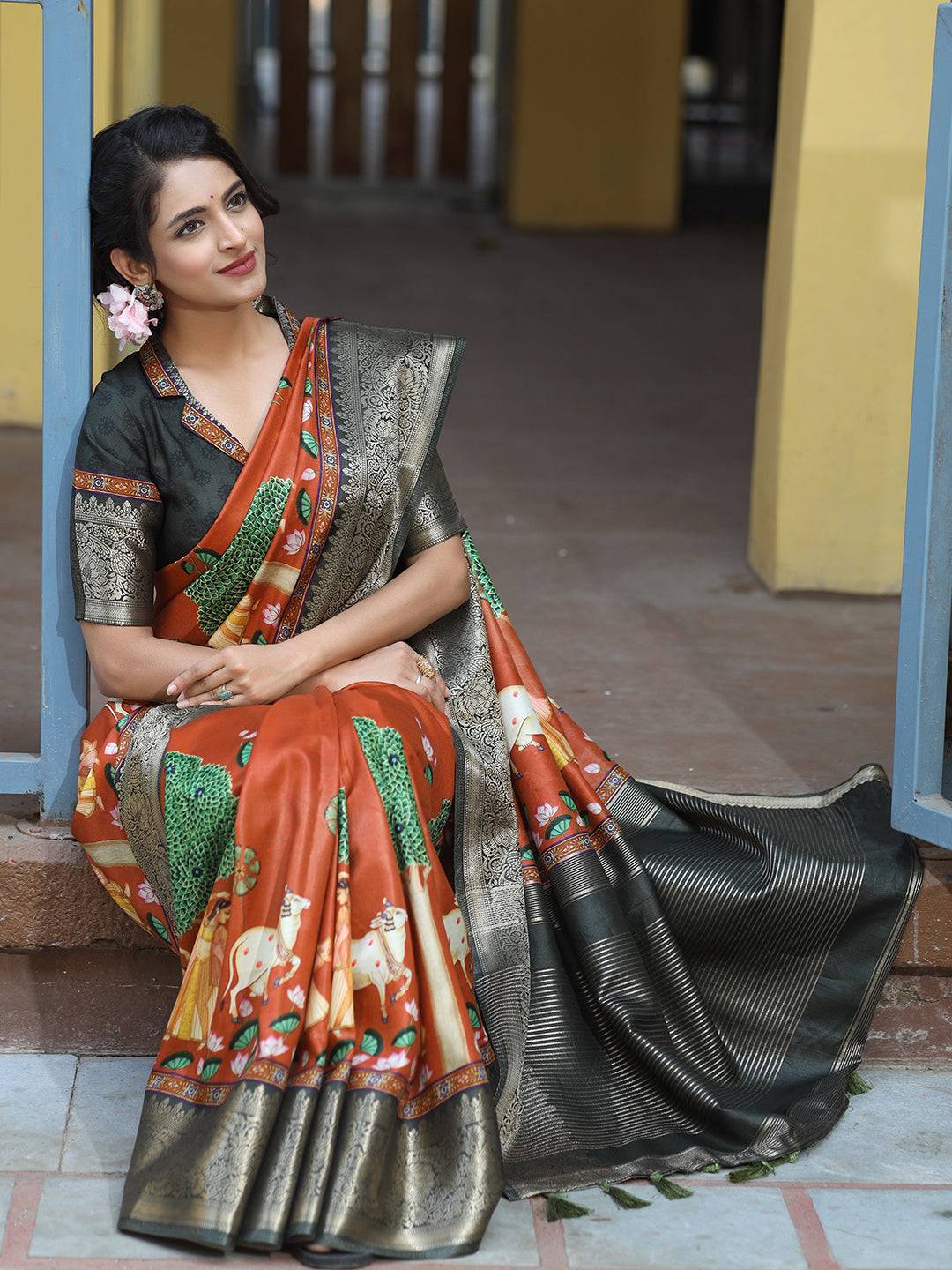 Pichwai Print Zari Weaving Pallu Saree In Brown Colour - Luxe by My Store