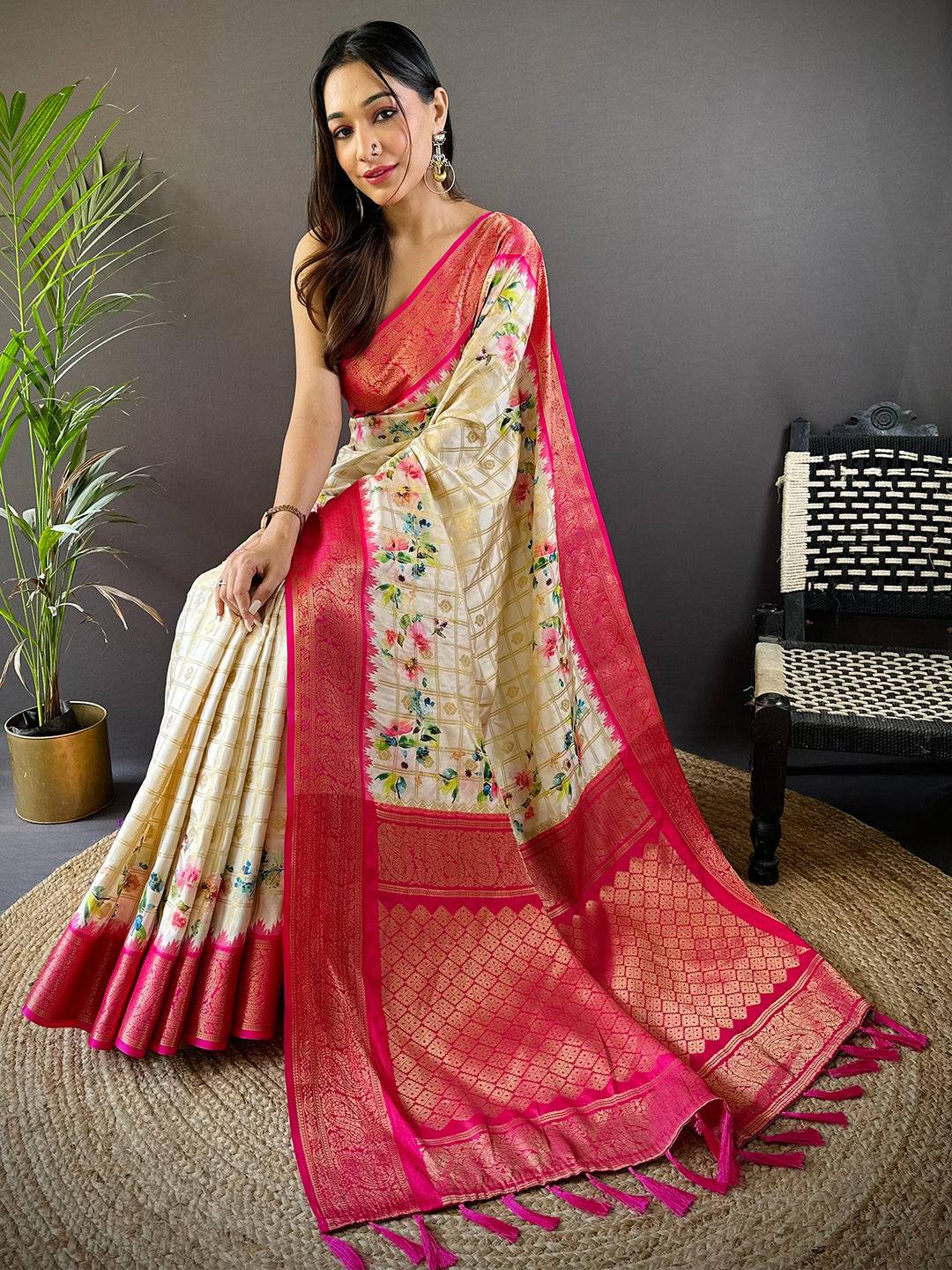 Pink Kovai Rettapet Border Digital Print Saree by My Store
