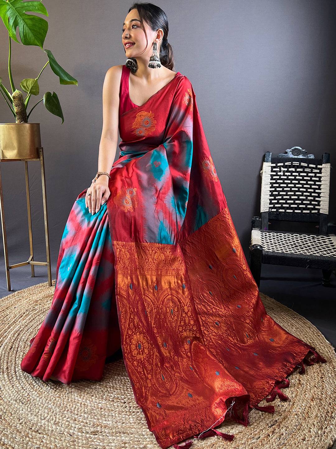 Teal Tussar Silk Ikkat Weaving Saree
