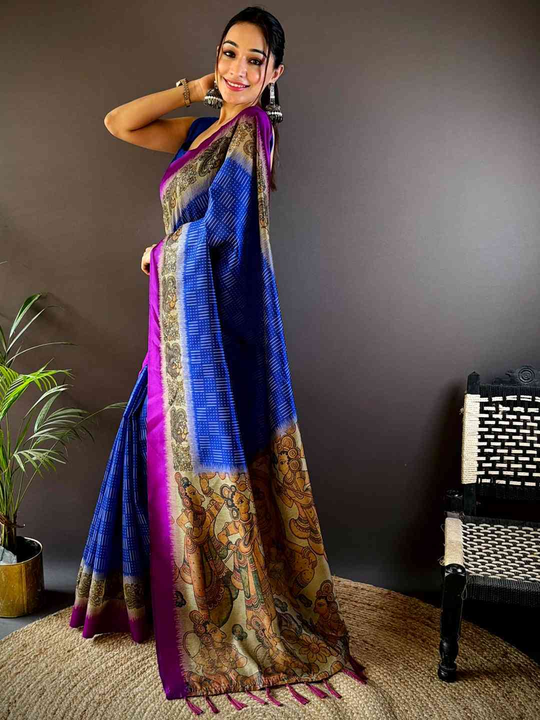 Blue Soft Silk Kalamkari Pallu Saree