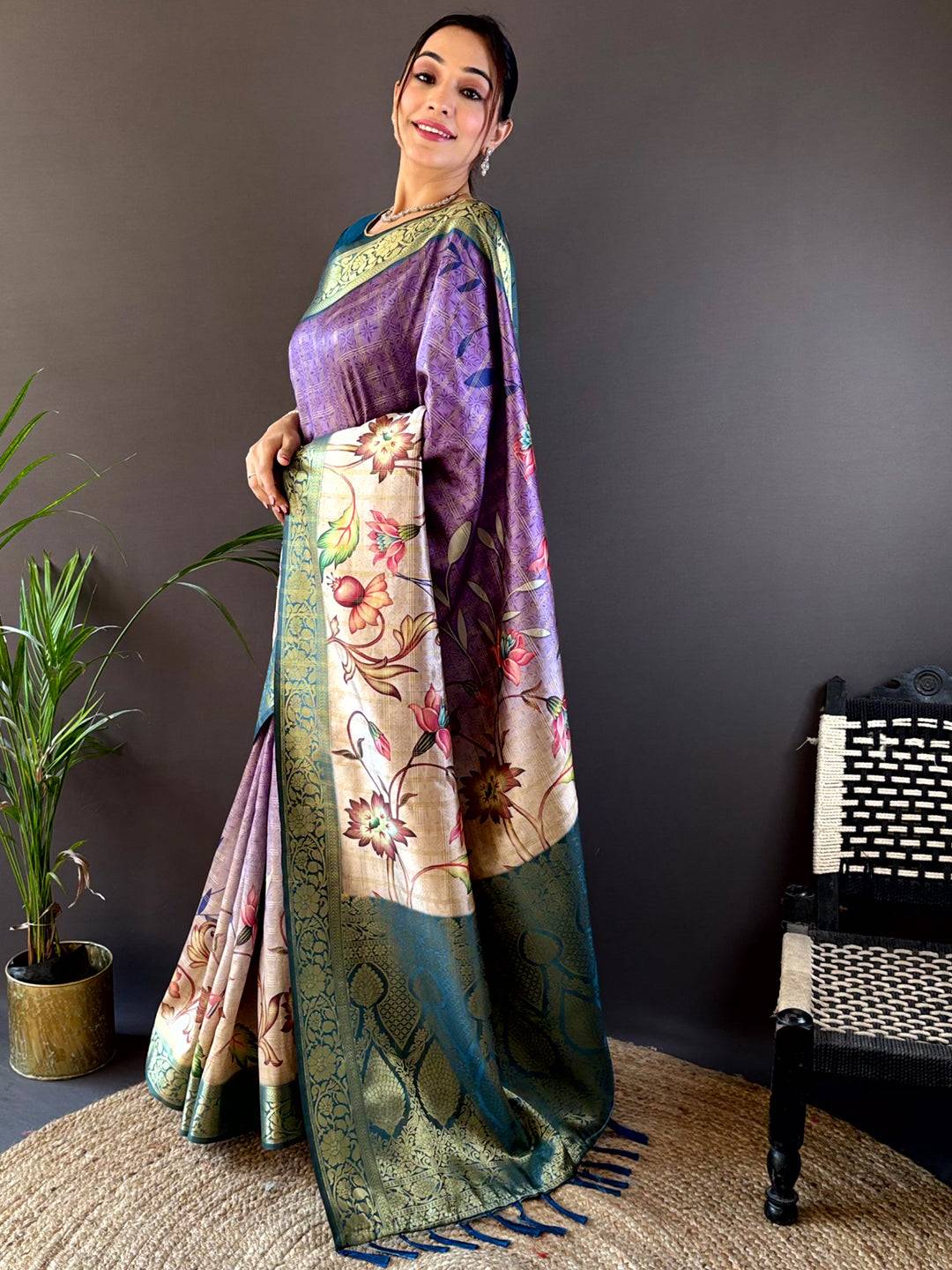 Purple Ombre Floral Digital Print Saree by My Store