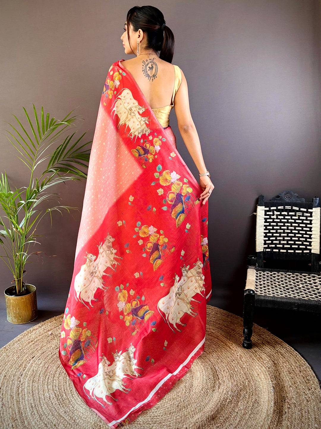 Red Chanderi Pichwai Print Saree by My Store