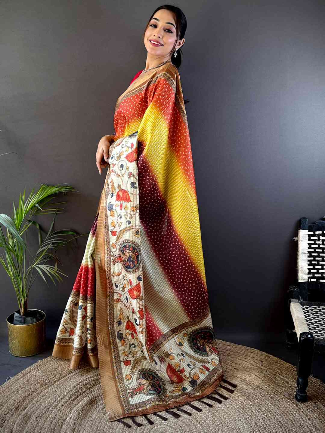 Traditional Silk Blend Bandhani Print Saree