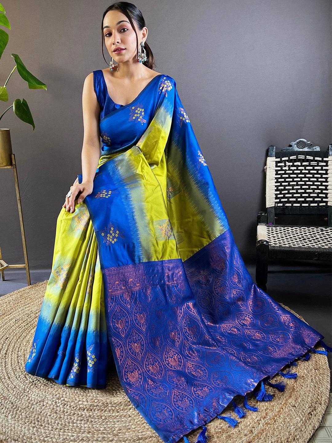 Parrot Green Sami Banarasi Tussar Silk Saree by My Store