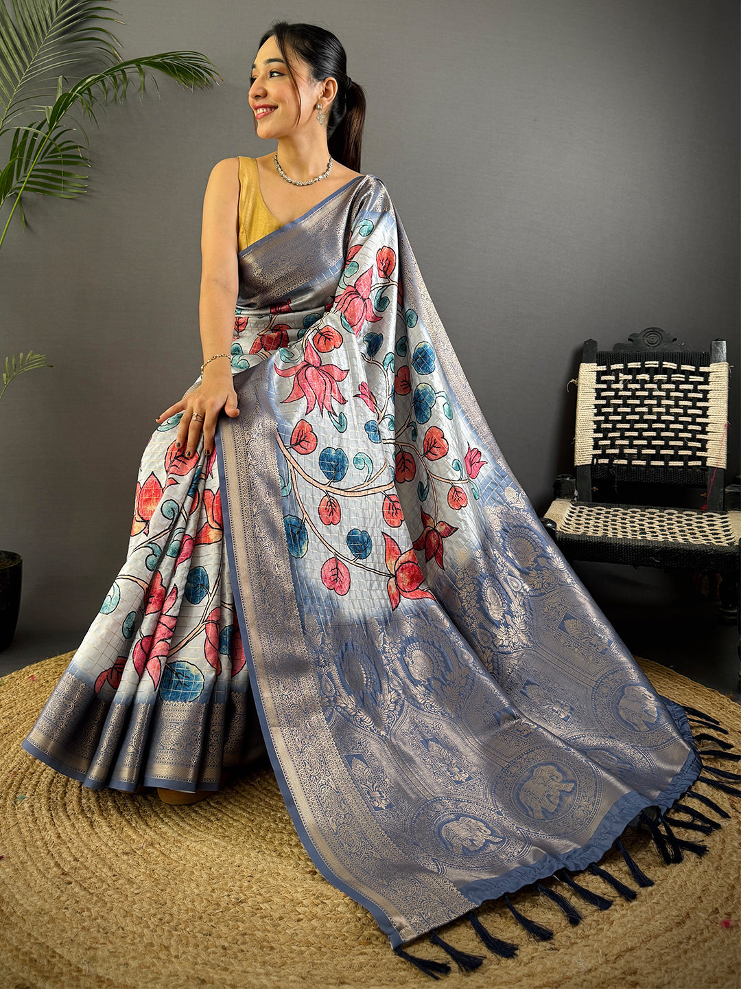 Blue Freehand Design Gadwal Saree