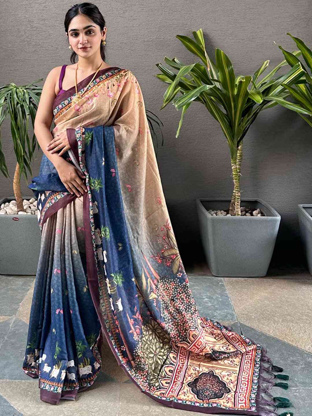 Soft Linen Ombre Pichwai Printed Blue Colour Saree by My Store