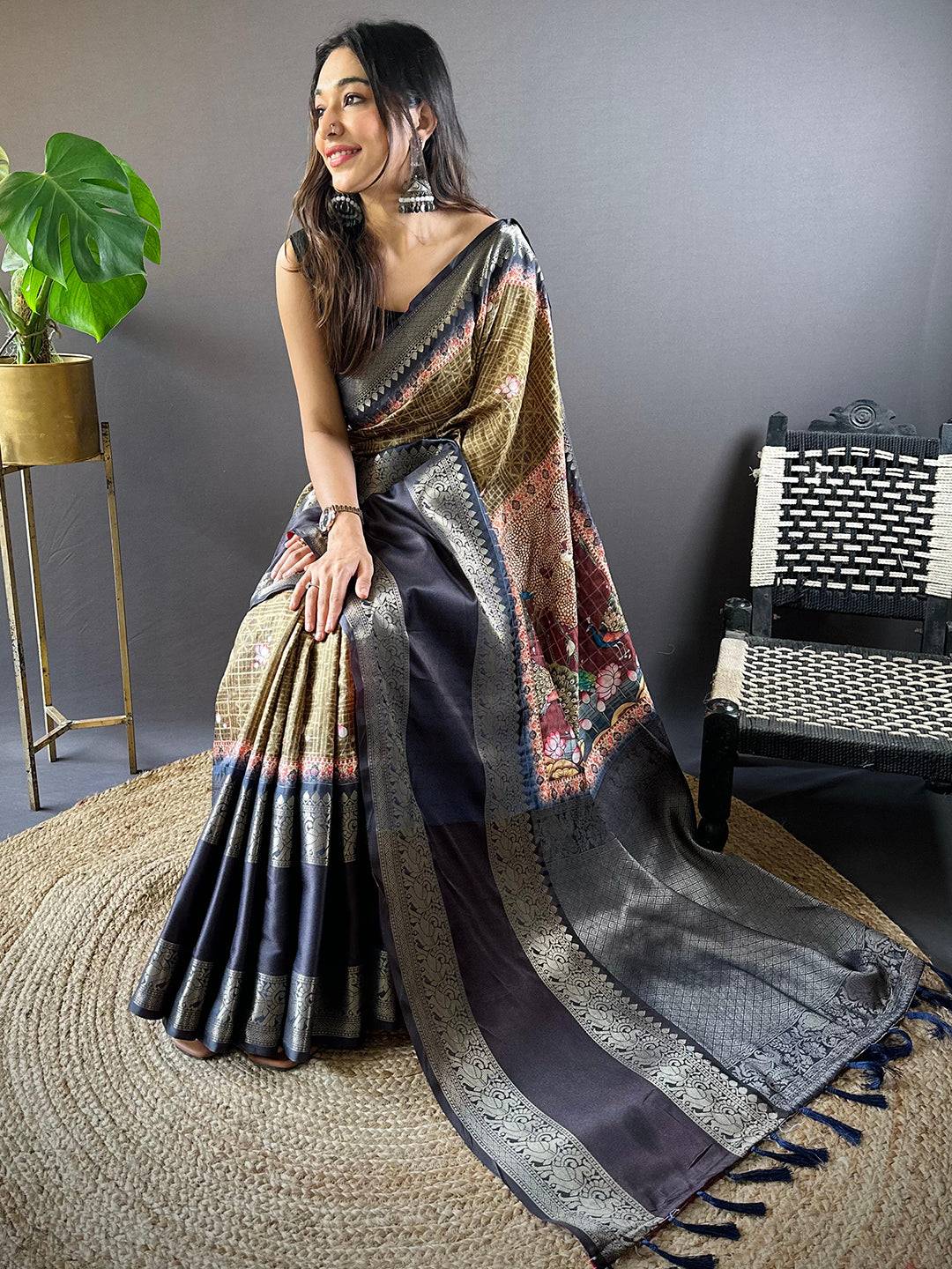 Olive Banarasi Pichwai Print Saree by My Store