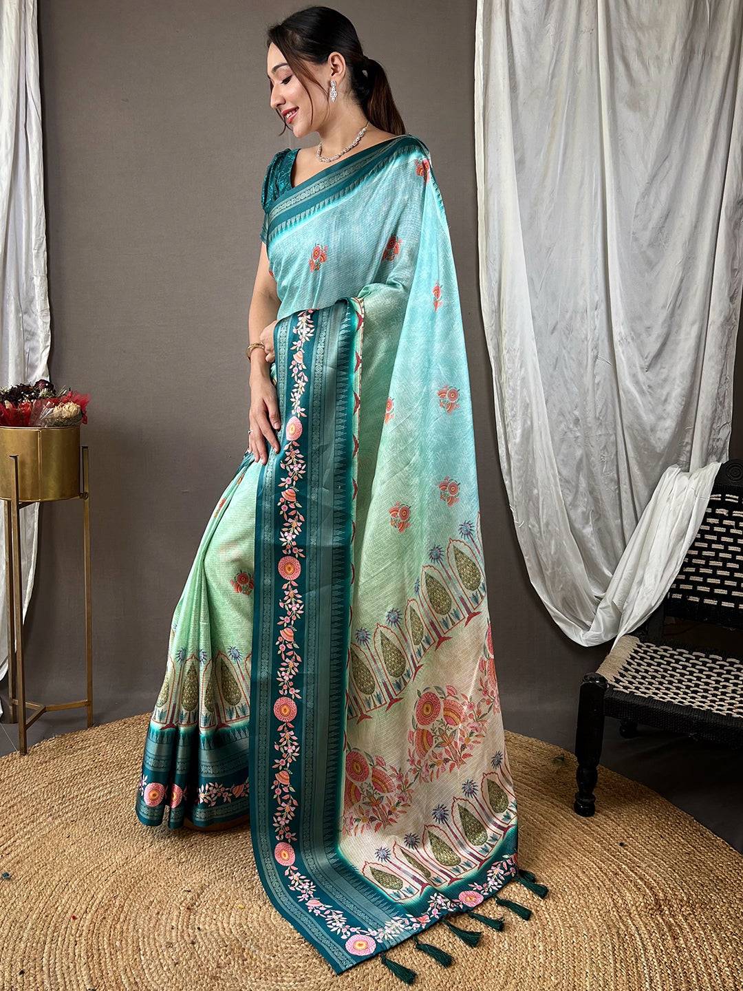 Poppy Blue Kota Satin Border Saree by My Store