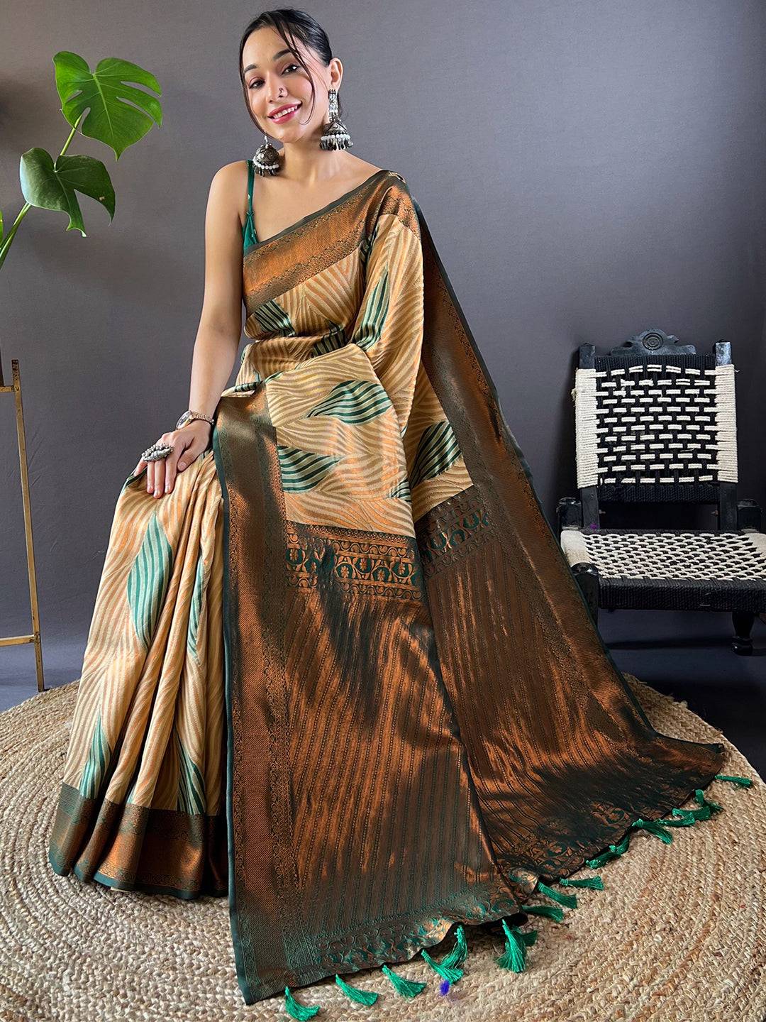 Brown Tussar Silk Zari Weaving Ikkat Saree by My Store